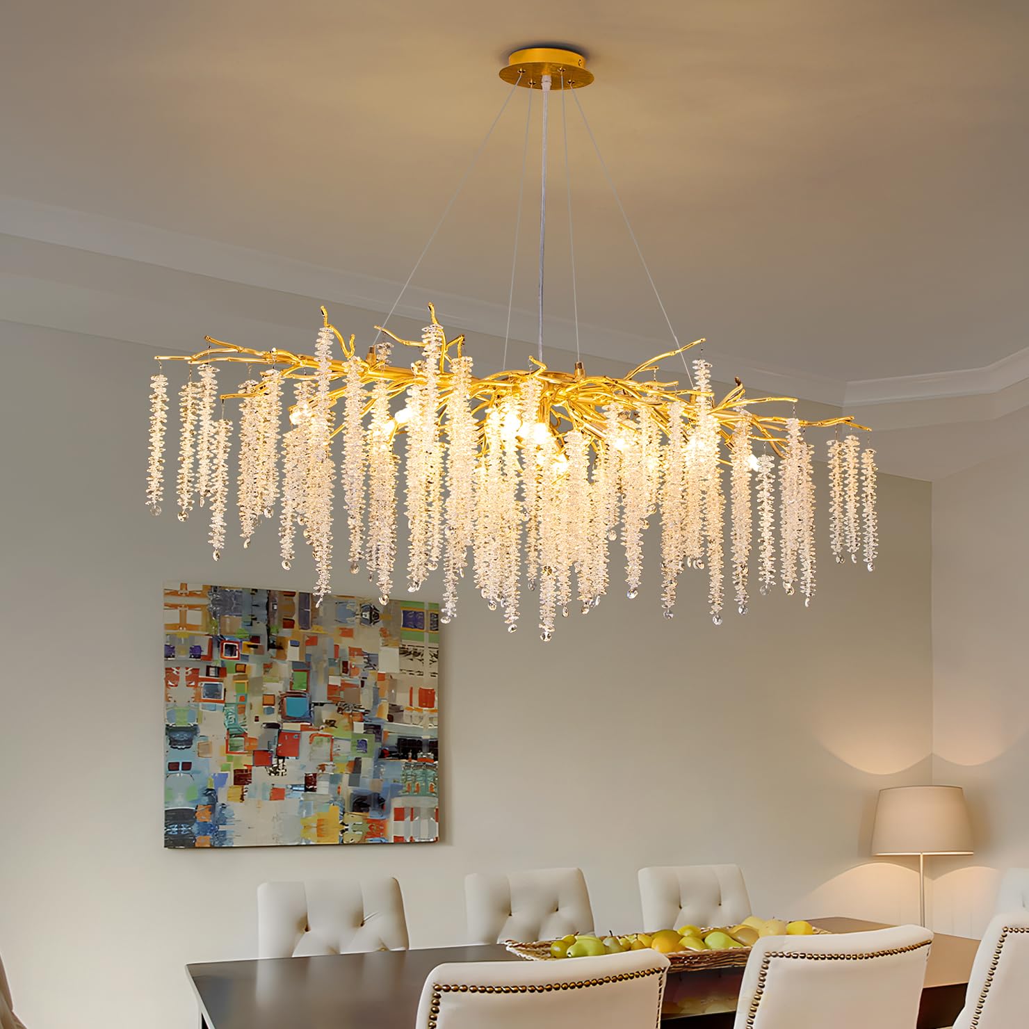 Tree Branches Chandeliers L39.5 Inch Gold Luxury Rectangular Crystal Raindrop Pendant Light 13 Lights Kitchen Island Hanging Light Fixture for Living Room Dining Room Foyer Entryway