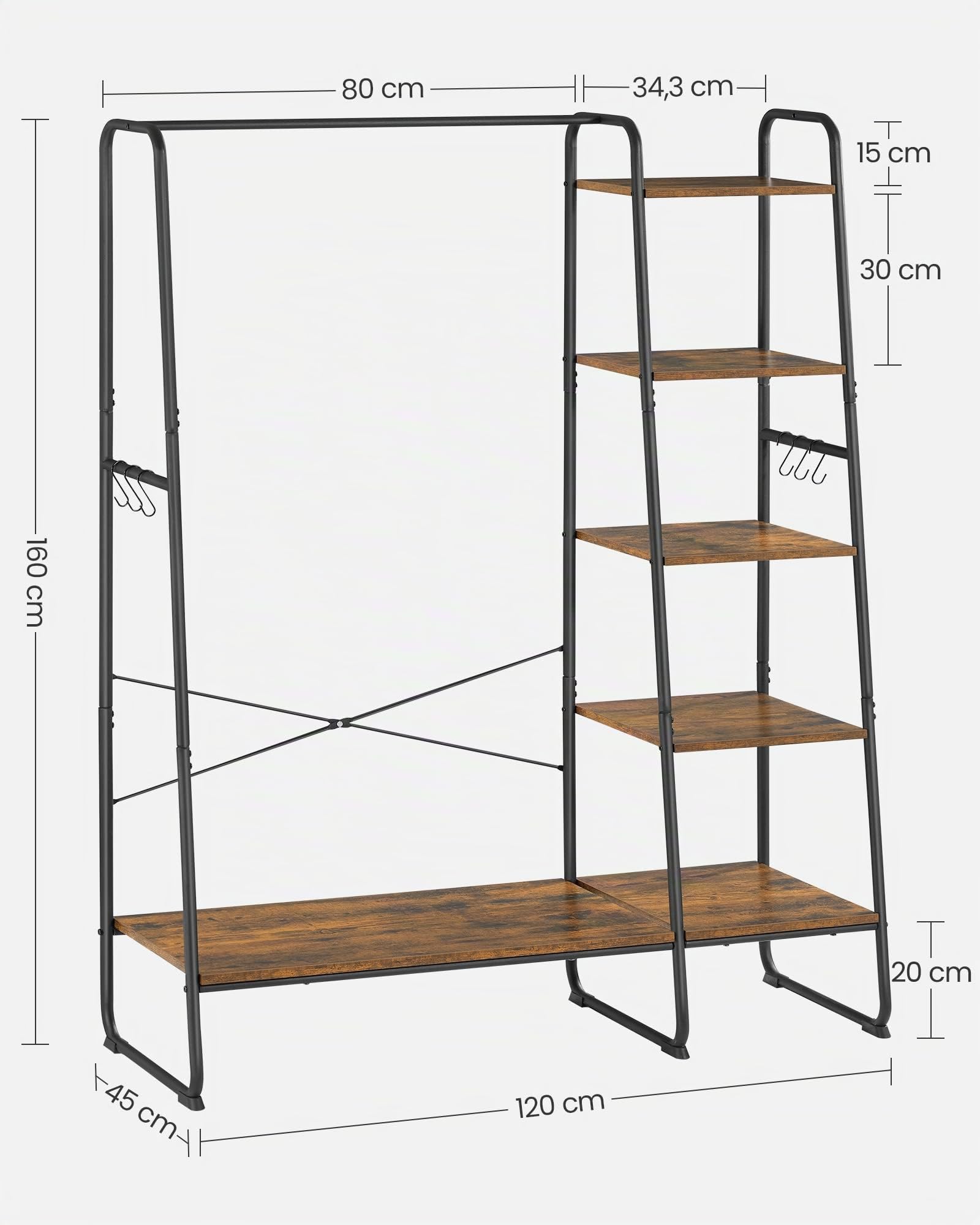 VASAGLE Burro Perchero, Perchero con Zapatero, 5 Estantes de Almacenamiento, 6 Ganchos Laterales, Dormitorio, Sala de Estar, Pasillo, Diseño Industrial, Marrón Rústico y Negro Mate RGR116B01