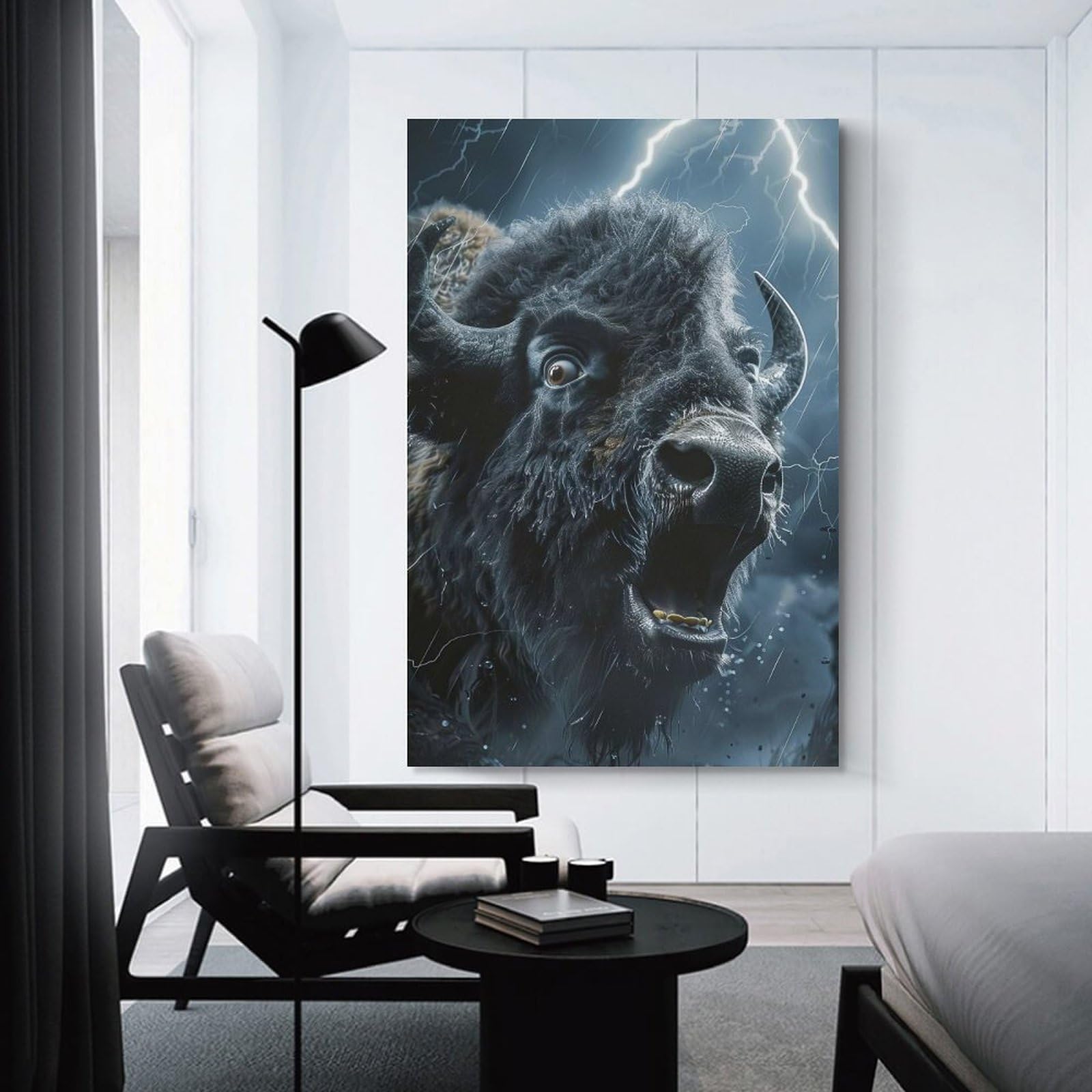 Junmoney Bison Lightning Wall Art Print, 20x30inch(50x75cm), for Bedroom Decor, Cosy Corners Or Studios, Decorative Wall Art for Cosy Rooms