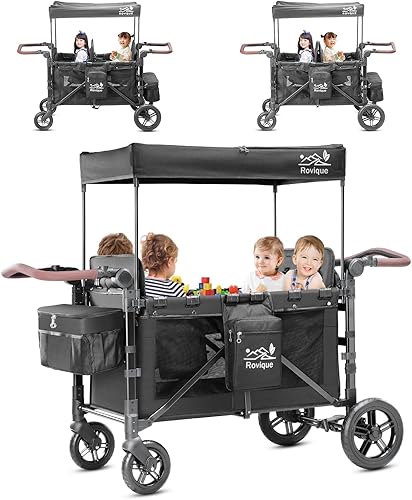 Miniatura 8 de Cochecito tipo vagón de 4 plazas – Incluye toldo ajustable, asientos convertibles, bandeja para snacks, organizador para padres, arnés de 5 puntos,