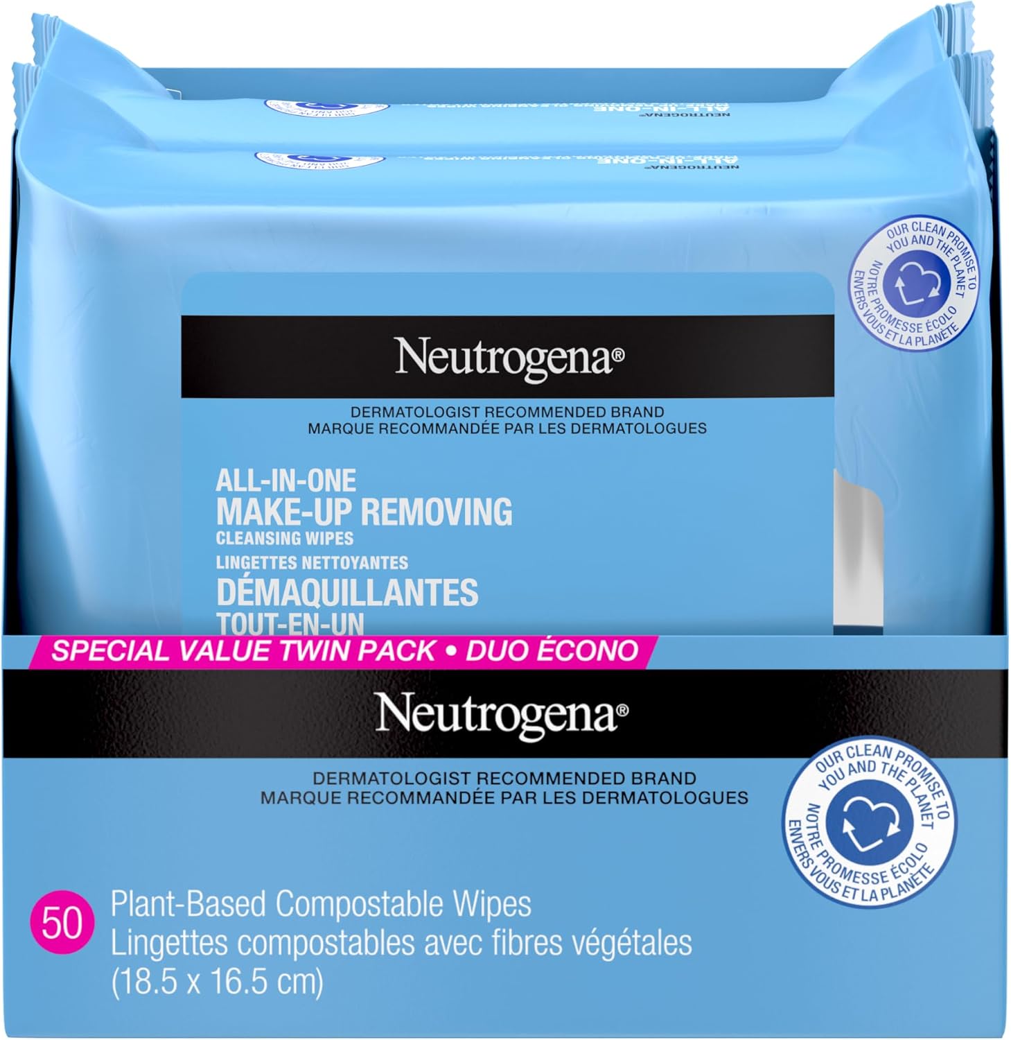 Neutrogena All-in-One Makeup Removing Cleansing Wipes, Twin Pack, 50 Count | Gentle Makeup Remover Wipe, Removes Waterproof Mascara, Micellar, Alcohol-Free for Sensitive Eye Area, No-Rinse, Plant-based