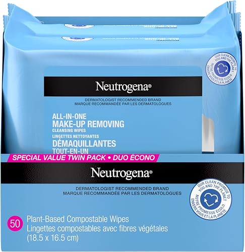 Neutrogena All-in-One Makeup Removing Cleansing Wipes, Twin Pack, 50 Count | Gentle Makeup Remover Wipe, Removes Waterproof Mascara, Micellar, Alcohol-Free for Sensitive Eye Area, No-Rinse, Plant-based