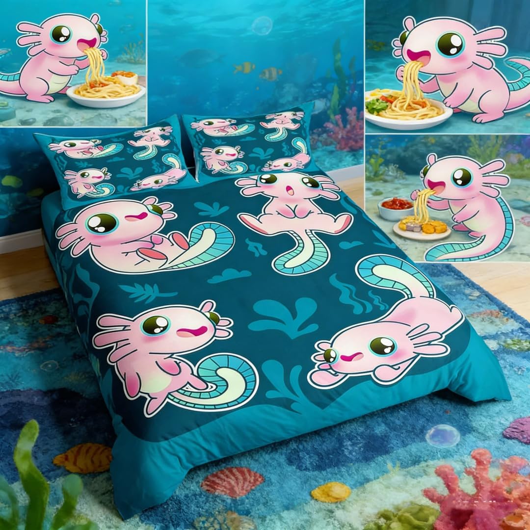 Loussiesd Kawaii Axolotl Duvet Cover Cartoon Axolotl Bedding Set 3D Animals Comforter Cover for Boys Girls Girlsren Teens Salamander Quilt Cover Super King Size — image 1
