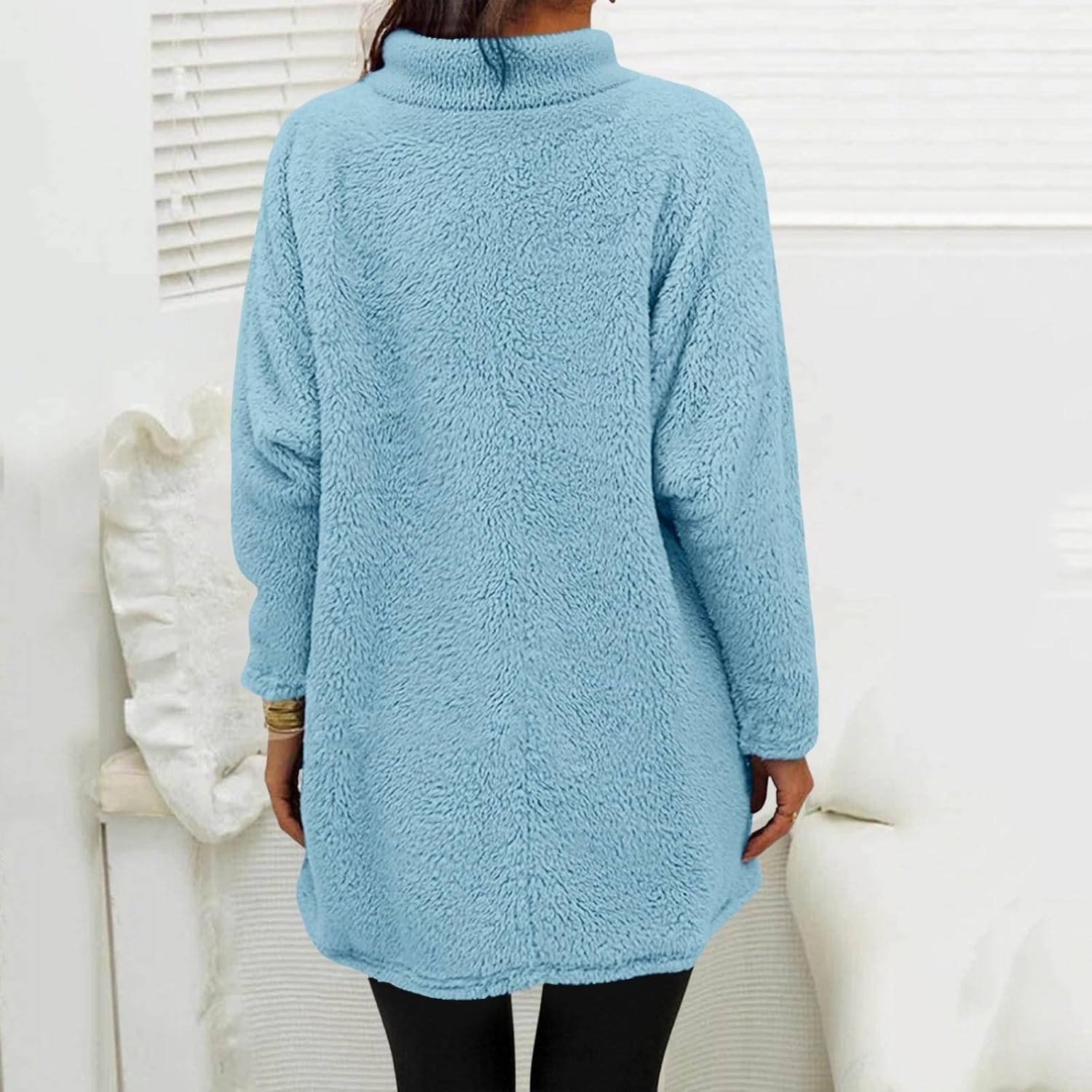 Cozy Sweaters for Women Sherpa Long Sleeve Mock Neck Tops Turtleneck Fleece Tunic Sweater with Pockets Loungewear - Image 5