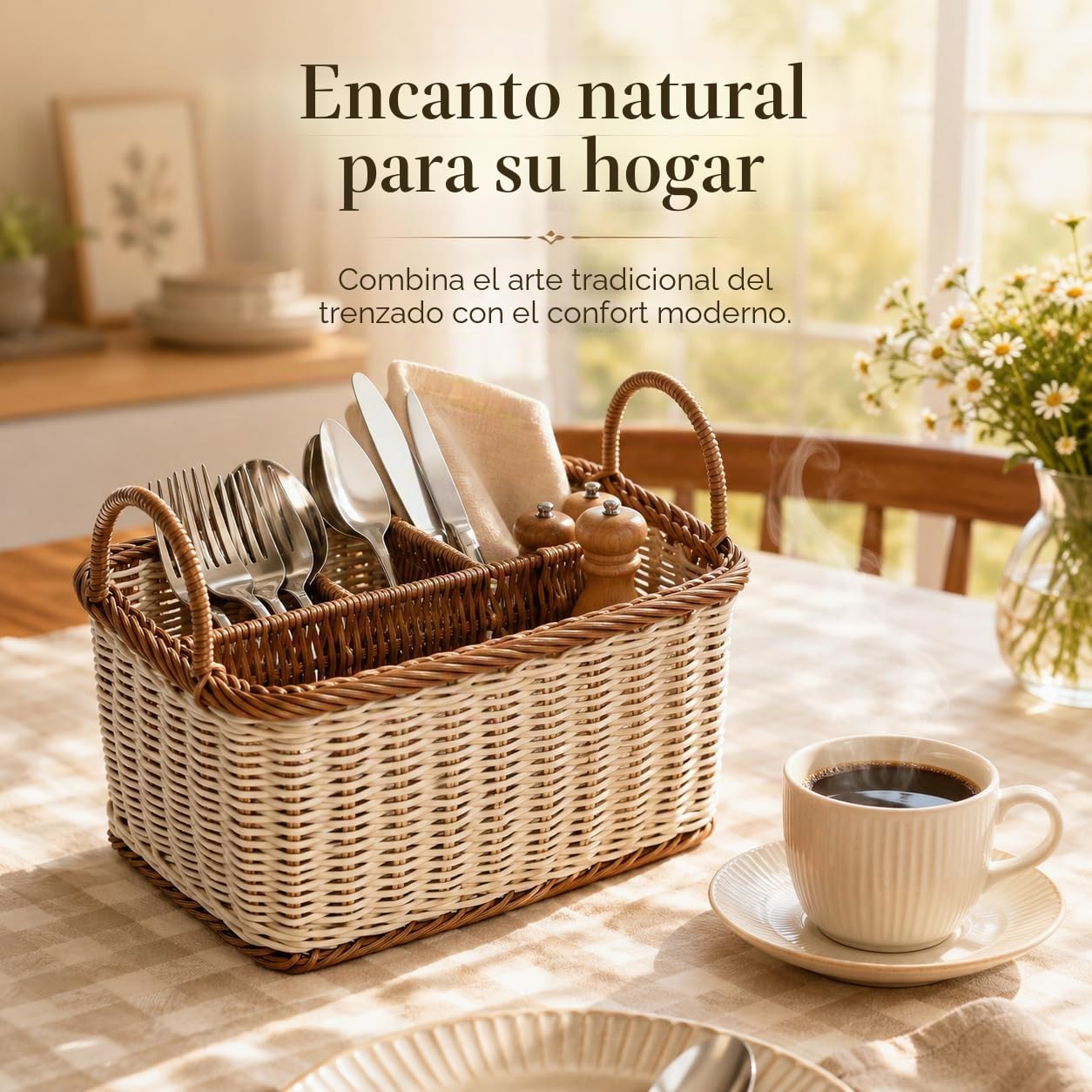 Hemoton Cesta De Almacenamiento De Ratán Sintético Con 4 Compartimentos, Organizador De Cubiertos Y Utensilios Para Cocina, Comedor, Jardín O Picnic