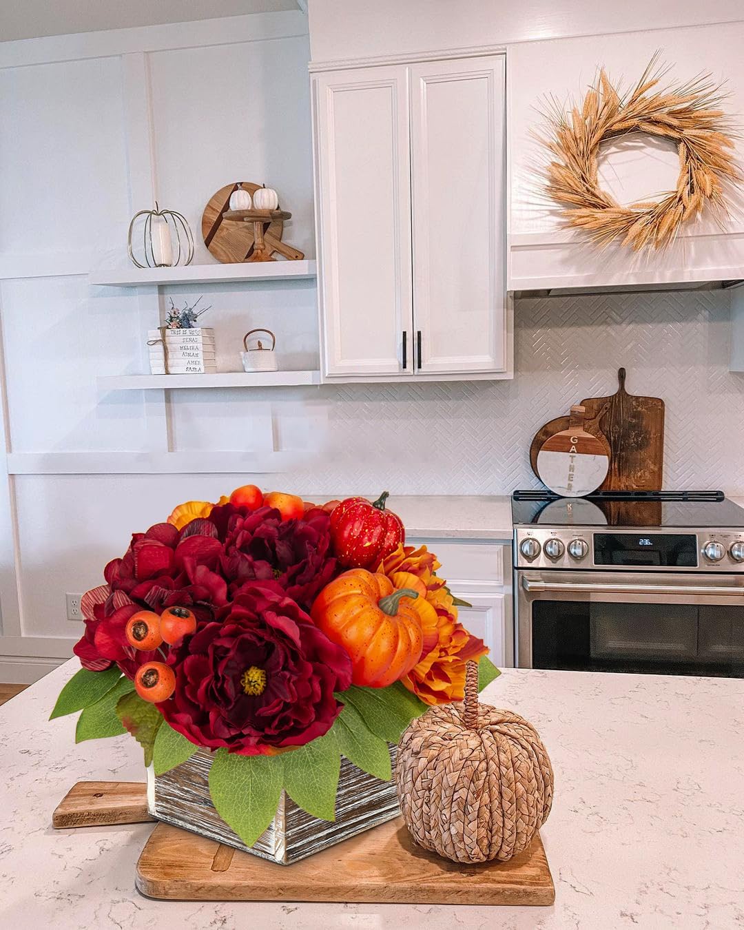 DILATATA Fall Decor Autumn Harvest Pumpkins Centerpiece - Artificial Peony Arrangement in Wooden Box for Thanksgiving Party Mantel Fall Decor