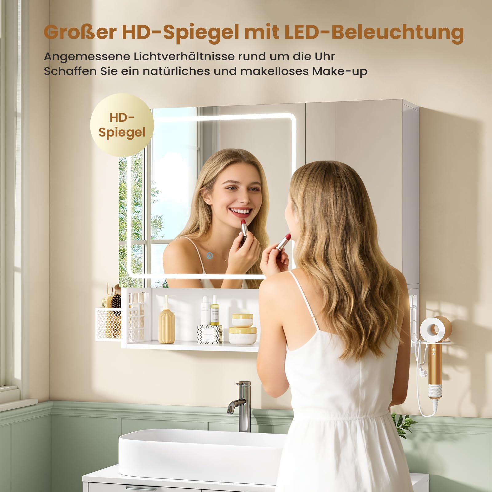 FORABMAB Armoire Toilette Miroir avec éclairage LED et Prise, Meuble Salle de Bain avec Miroir HD, Étagère Réglable, Panier Suspendu,Support pour Sèche-Cheveux,Armoire Salle de Bain,16x70x80 cm,Blanc