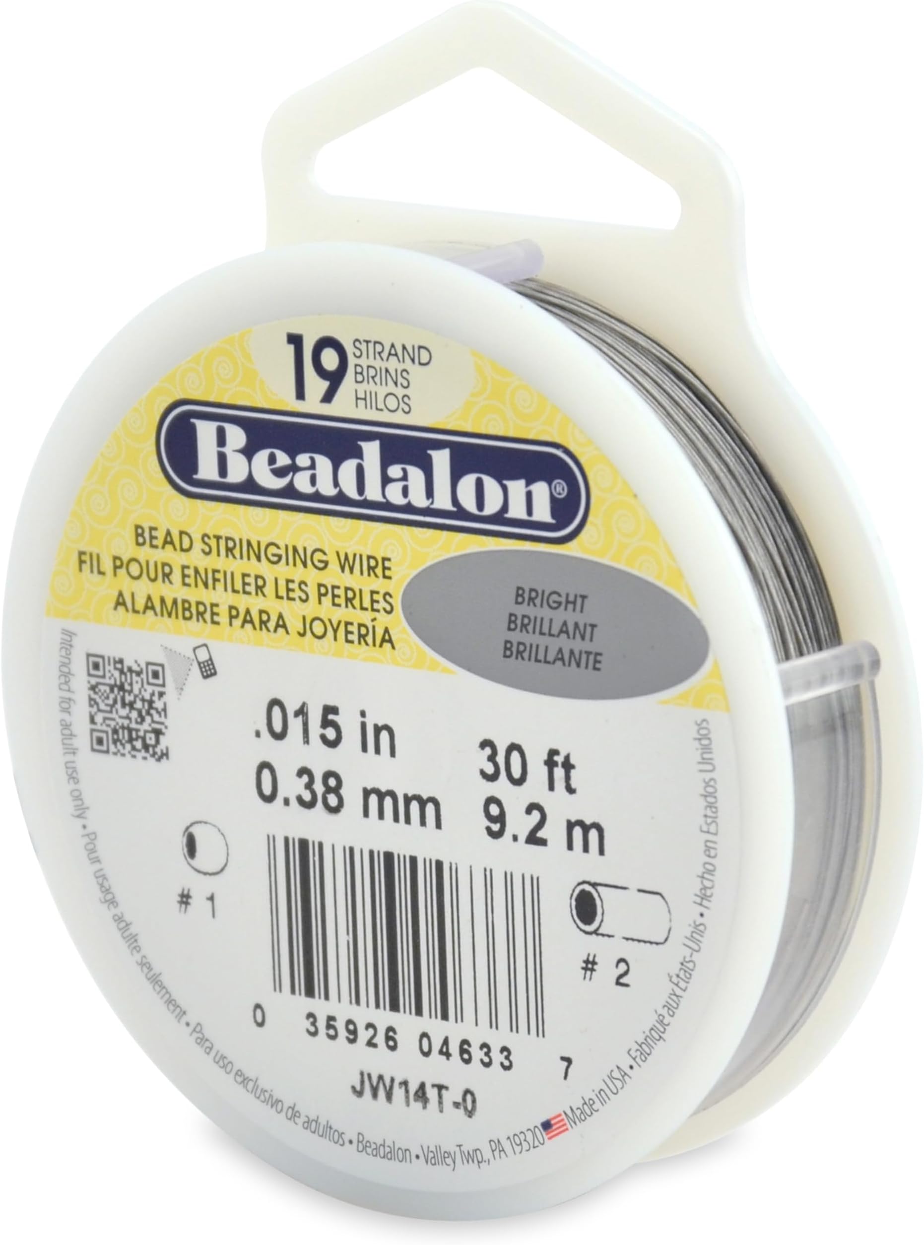 19 Strand Stainless Steel Bead Stringing Wire, .015 in / 0.38 mm, Bright, 30 ft / 9.2 m