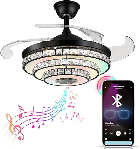 Fandian Ventilador de techo moderno de 42 pulgadas con luz, candelabro inteligente de cristal Bluetooth con reproductor de música, iluminación