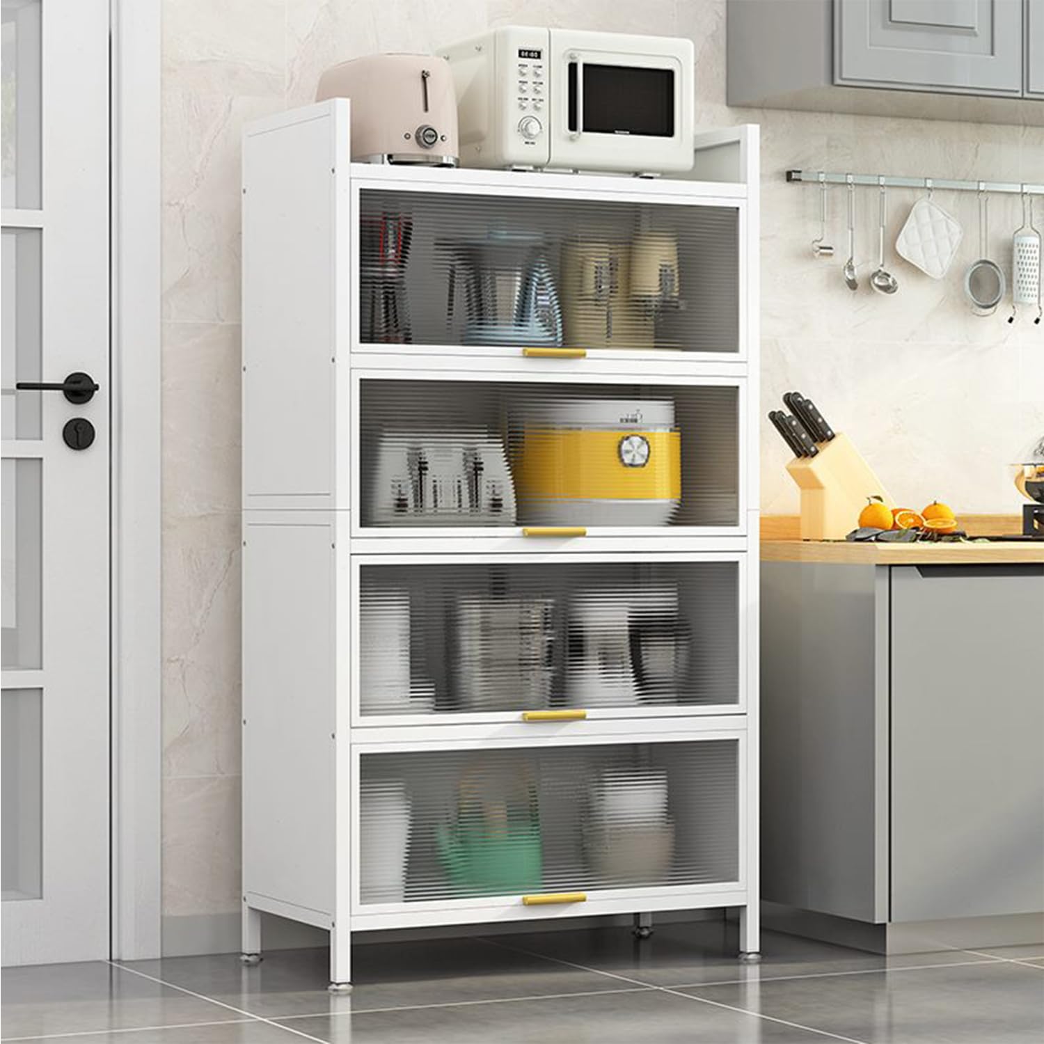 5-stufiges Küchenschrank, Staubdichter Lagerschrank mit Türen, Lagerschrank mit Rollen, Vertikalschrank, 60 x 32 x 144 cm (Weiß, 5 Floors)