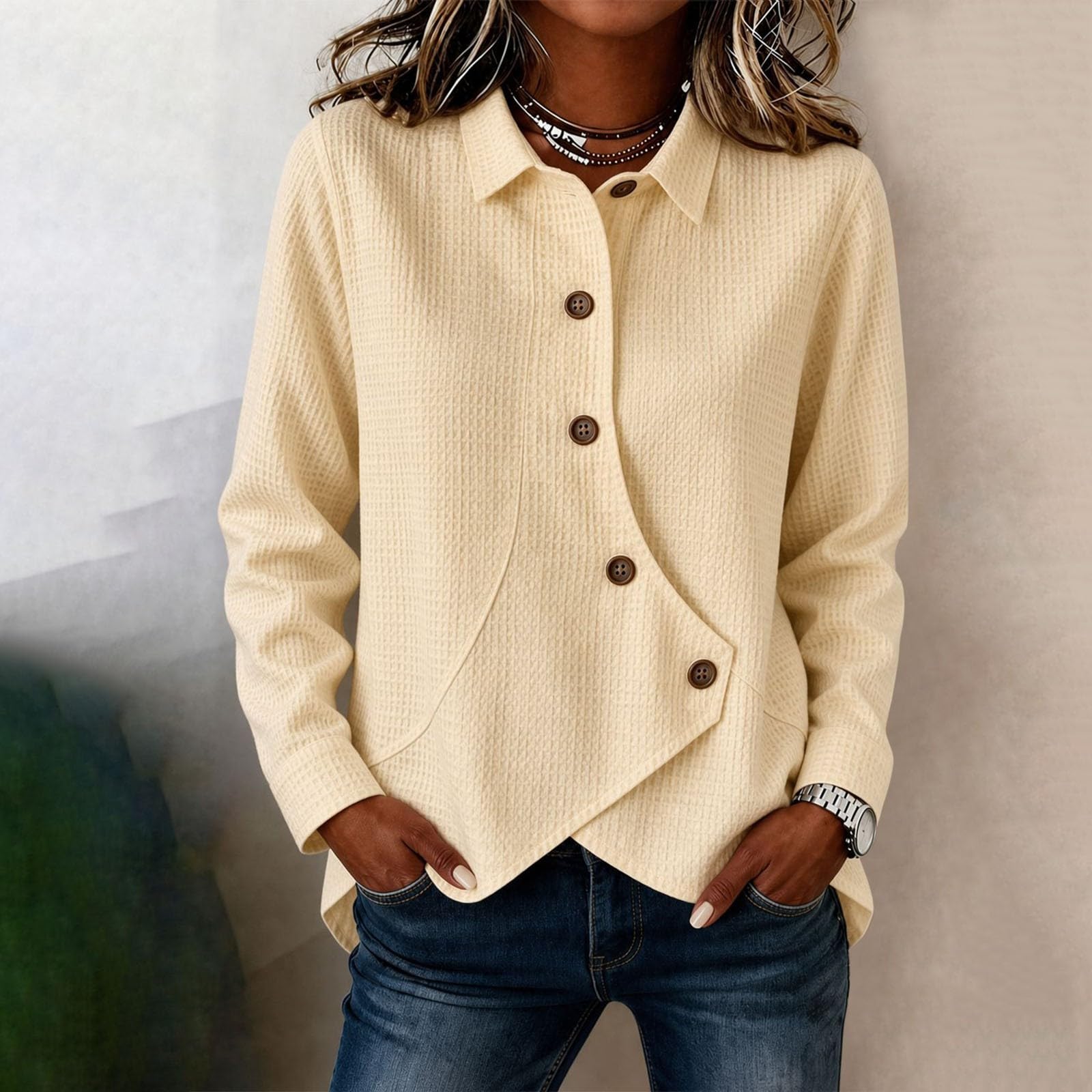 Generisch Blusa elegante para mujer, diseño gofre, manga larga, cuello de | Blusa de mujer atemporal con dobladillo asimétrico, elegante para la oficina y paseos por la ciudad y ocasiones especiales