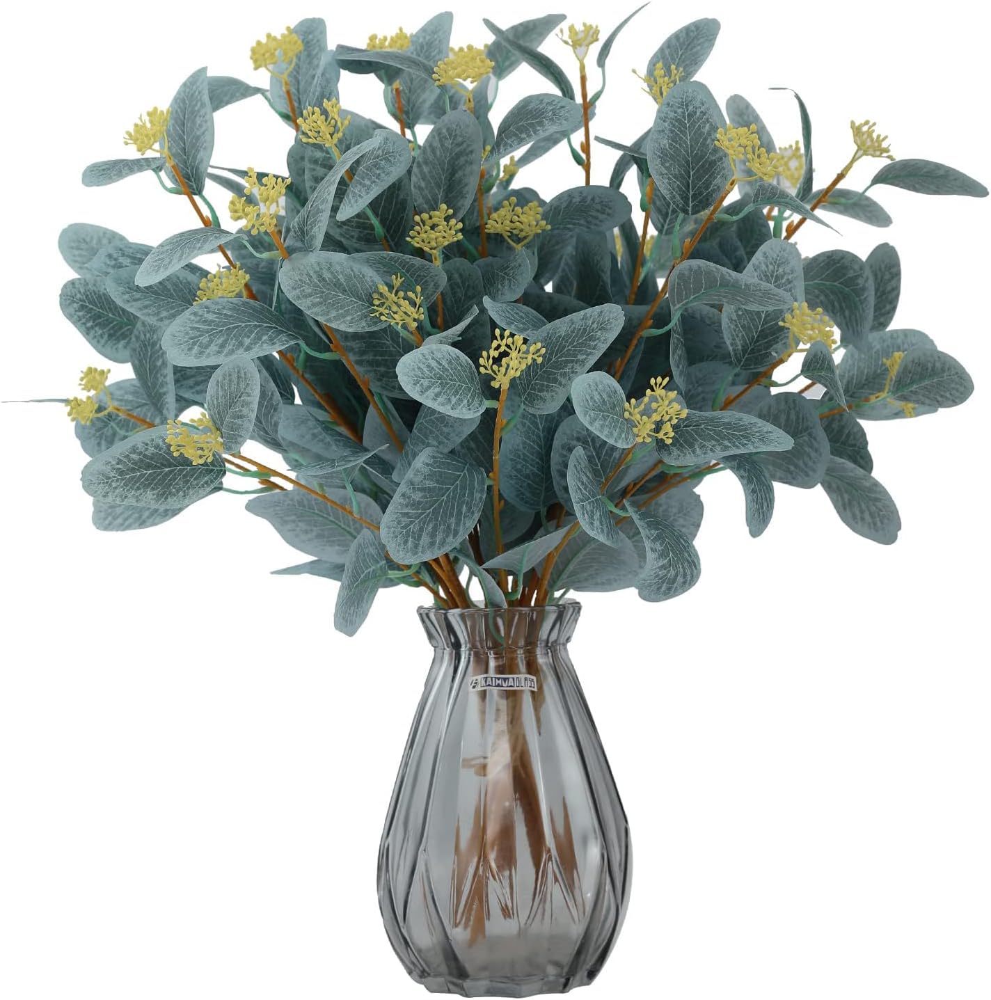 12Pcs Artificial Eucalyptus Stems, 20" Faux Silk Leaves with Beige Berries Navy Blue Bendable Greenery Branches for Boho Home Decor, Wedding Centerpieces, and DIY Flower Arrangements