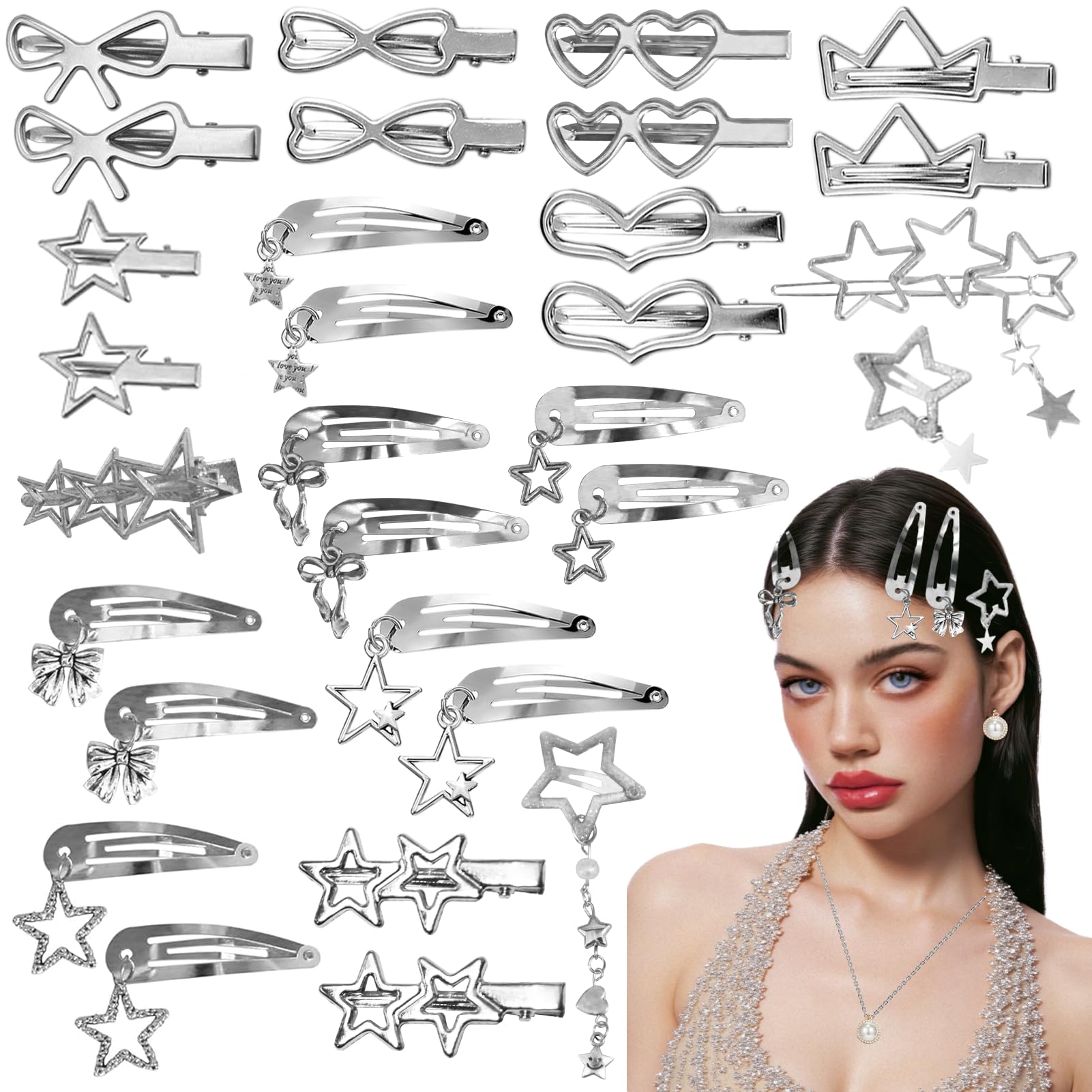 Y2K Silver Hair Clips, 30 Pcs Metal Multi Shape Barrettes for Women Girls