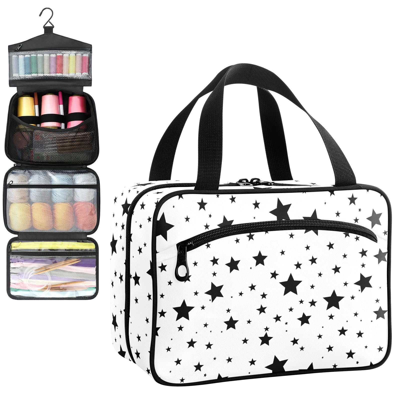 YNNALE Sewing Supply Organizer Bag, Black and White Stars Pattern Portable Sewing Bags with Pockets&Hanger, Sewing Storage Box Case for Sew Supplies/Kit/Tools/Accessories (BAG ONLY)