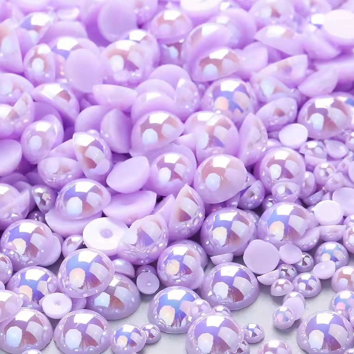 1000PCS Mixed Sizes 3/4/5/6/8/10mm Flatback Half Round Pearls Gems for Crafting, AB Color Pearl Beads Stones for Crafts Jewelry Clothes Shoes Dress Nail Art Making Embellishments (Light Purple AB)