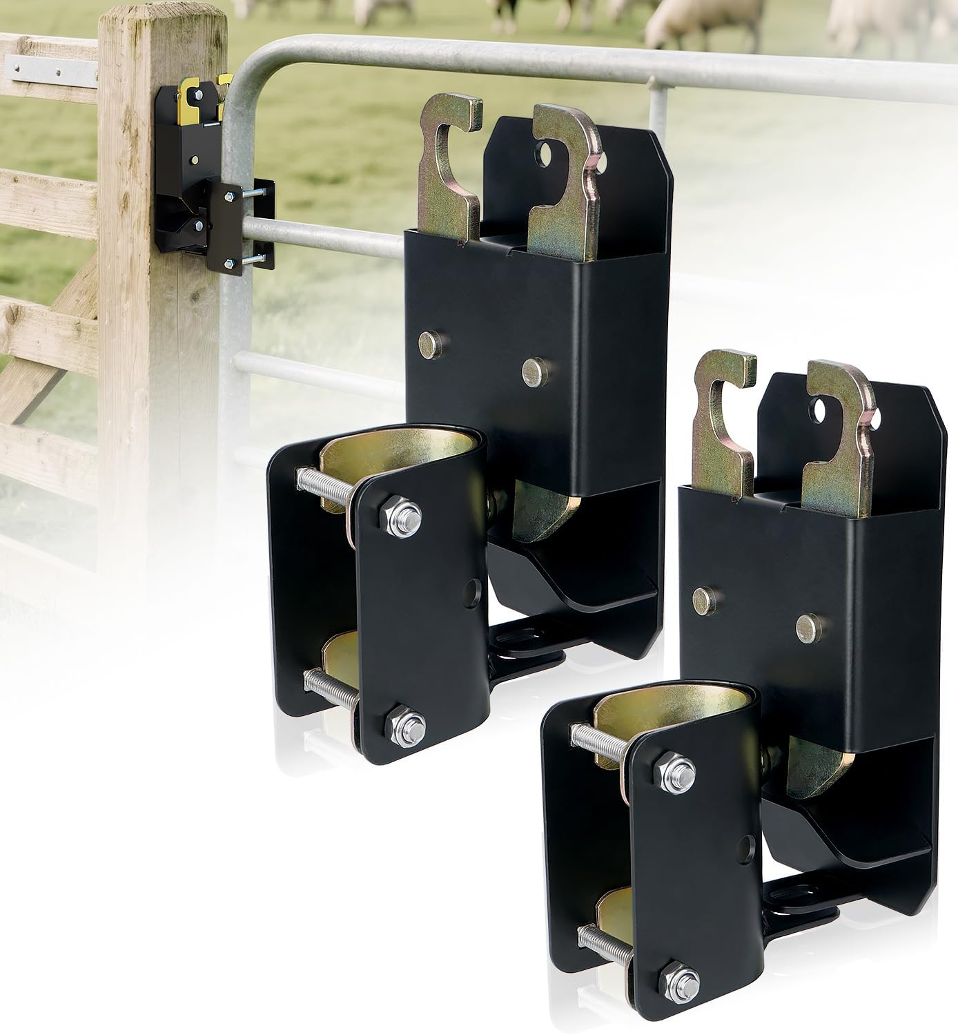 2 Way Farm Gate Latch, 2PC Heavy-Duty Fence Gate Latch with Self-Locking Nut, Black Livestock Gate Latch Compatible with Horse Corrals, Farms, Pastures, Stables, Ranches