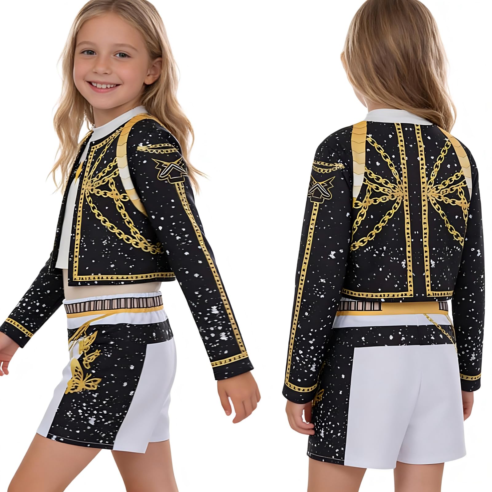 Girls Costume Set, Kpop Black Gold Stage Outfit Set Corps Performance Accessories