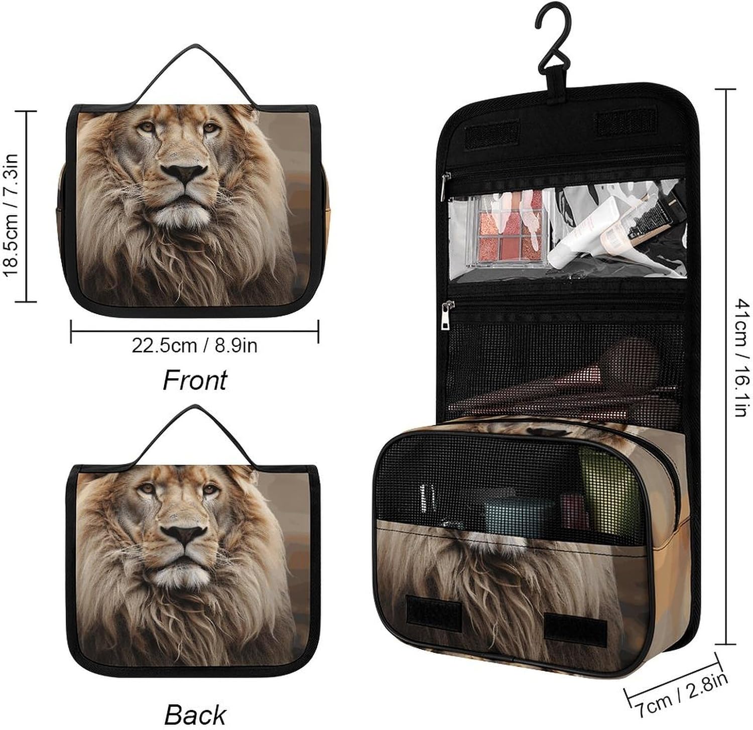 Toiletry Bag for Women Men Creative Animals Lion Makeup Bag with Hanging Hook Waterproof Bathroom Cosmetic Bag Large Capacity Travel Bag for Toiletries Accessories image 2