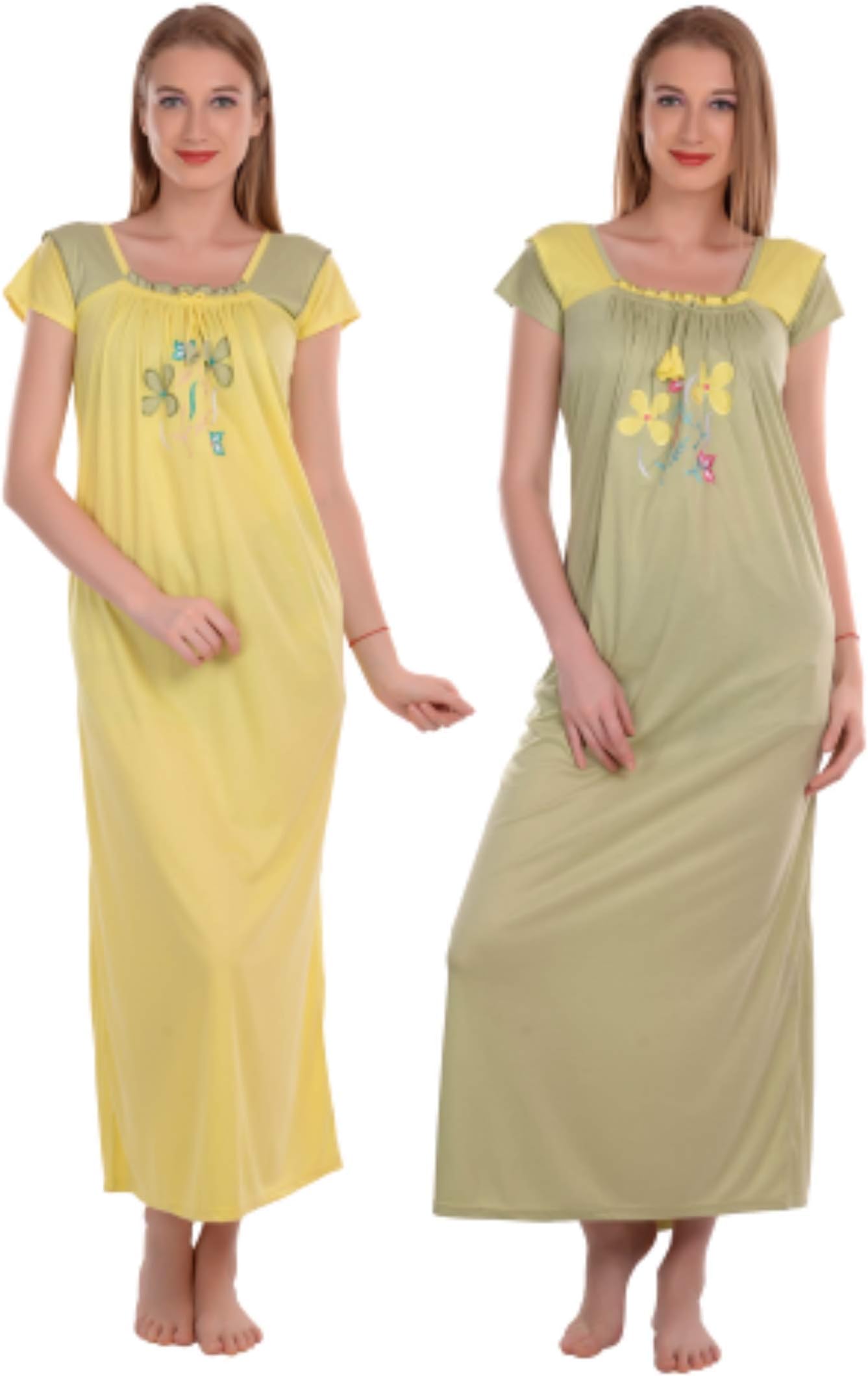 Women's Hosiery Floral Maxi Nighty (Yellow and Green, Free Size)