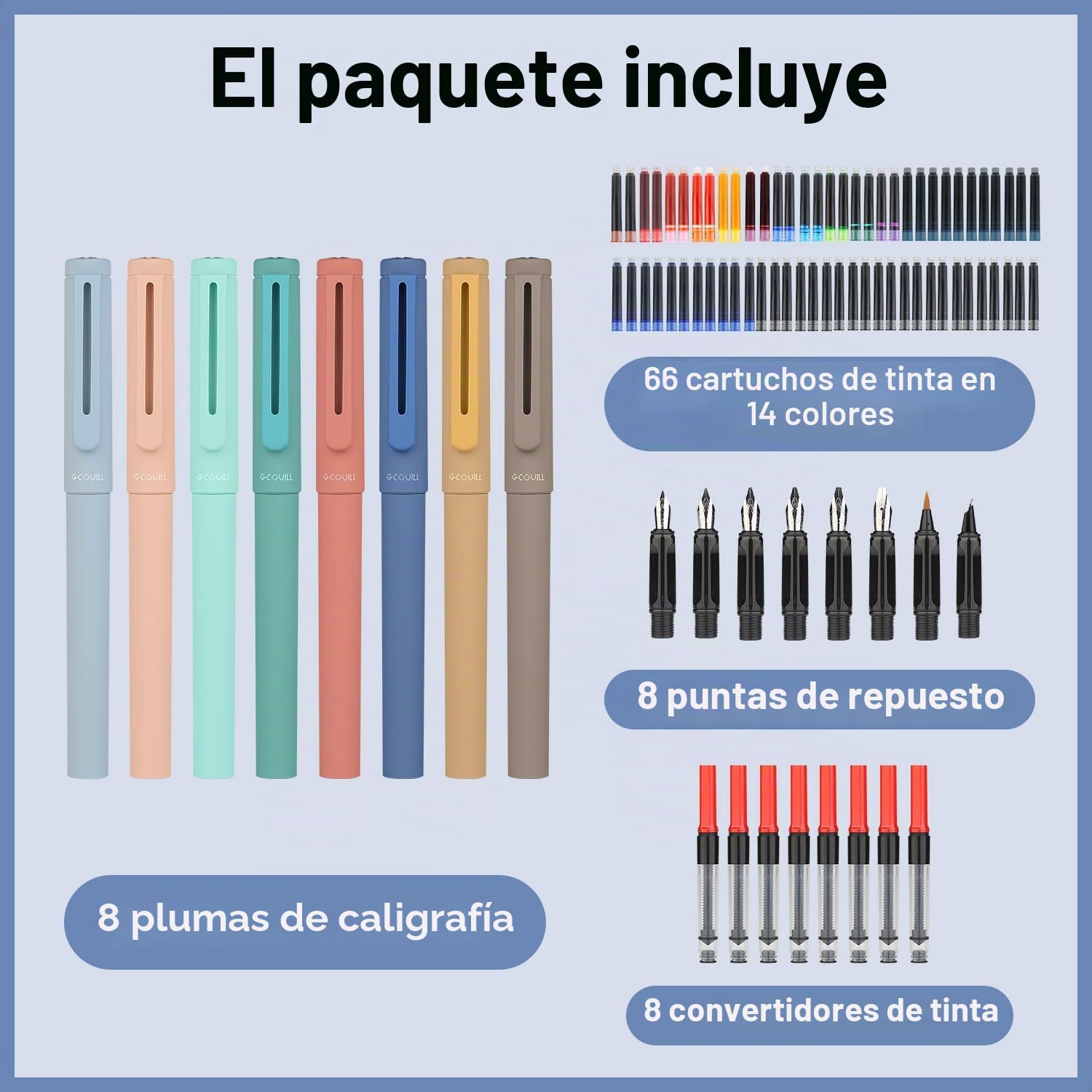 8 plumas estilográficas de caligrafía con diferentes plumines, 66 cartuchos de tinta (14 colores) - Escritura, dibujo, ejercicios de caligrafía para principiantes