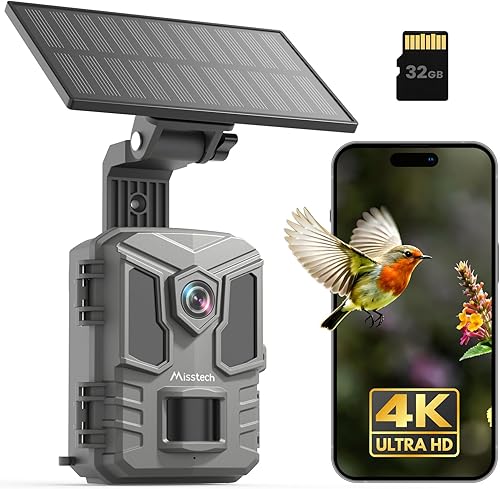 Misstech 4K UHD Solar Trail Camera, Outdoor Wildlife Cameras for Yard Monitoring, 0.1s Fast Motion-Activated to Record, 64MP/4K Clear Night Vision, No Monthly Fee, App Control, IP66, 32GB Micro SD