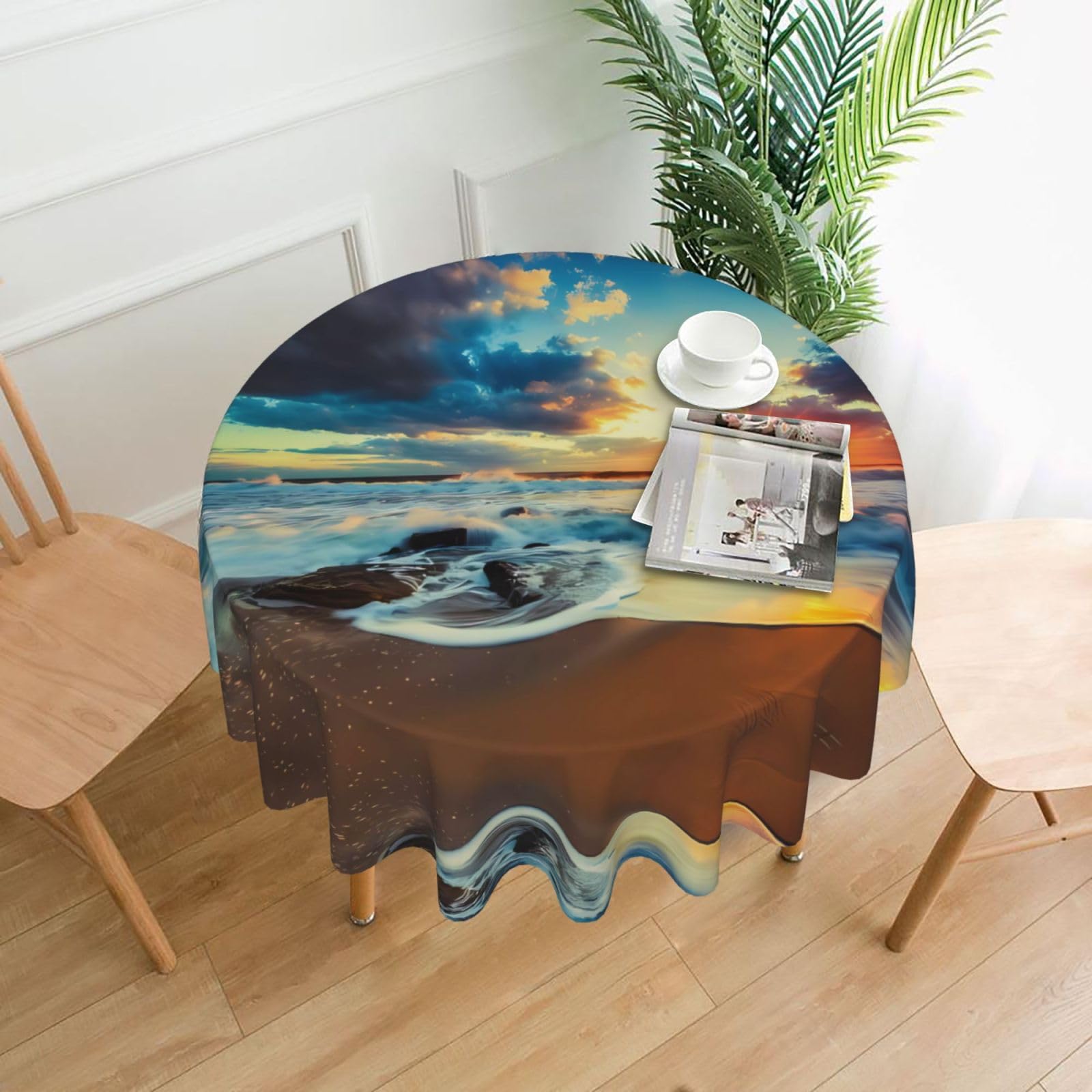 hhxvcv Sunset Beach Round Tablecloth – Dining Table Cover
