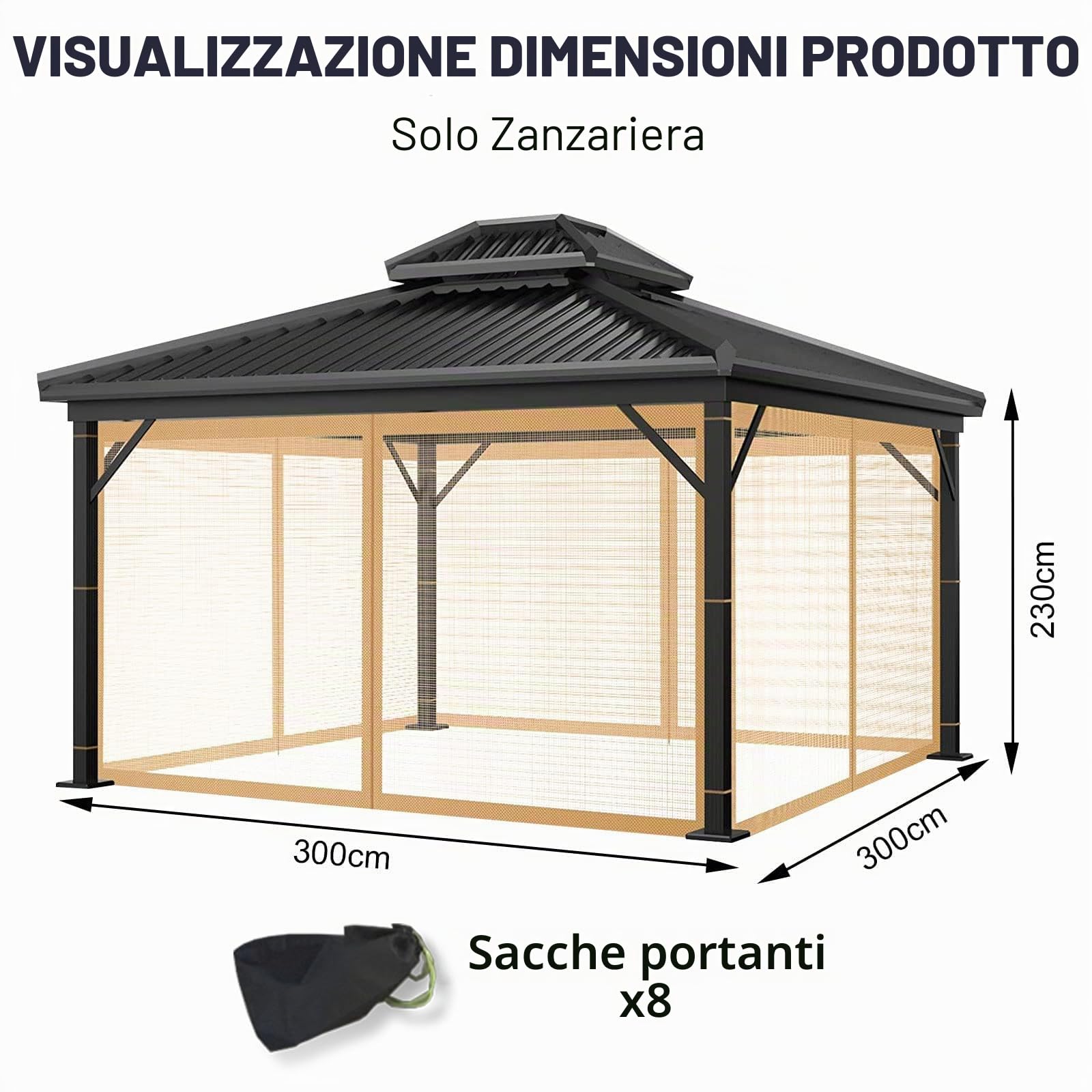 Jianyana 4 Pannelli Laterali Zanzariere per Gazebo con 8-Sacchetto Portante, 300×300CM Tende Zanzariera di Ricambio Universale con Cerniera （Marrone）
