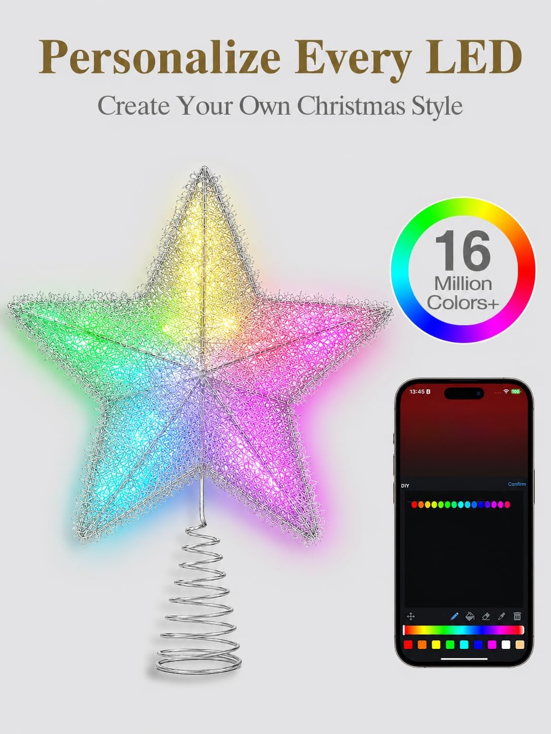 7" Silver Star Christmas Tree Topper, RGB Color Changing | APP & Remote Control, Music Sync, USB Powered, For 5-7ft Xmas Tree