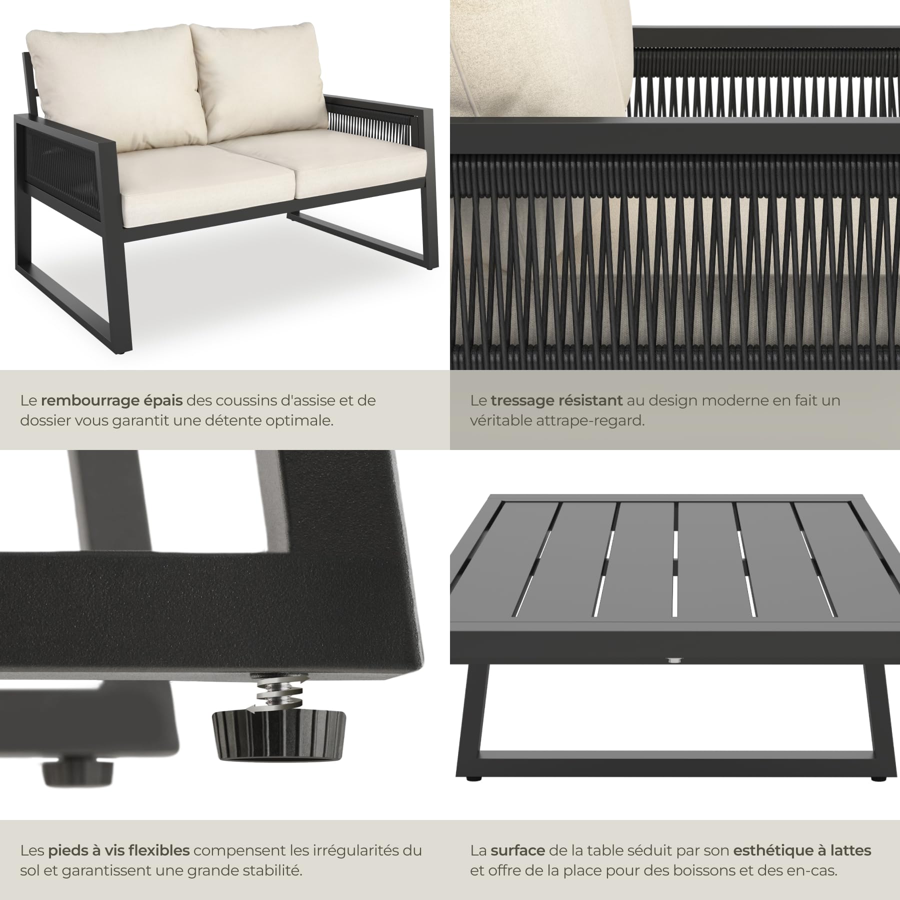 Tectake Salon de Jardin Canapé 2 Places Banquette Table Basse Coussins Inclus Cadre Aluminium laqué époxy Mobilier Exterieur