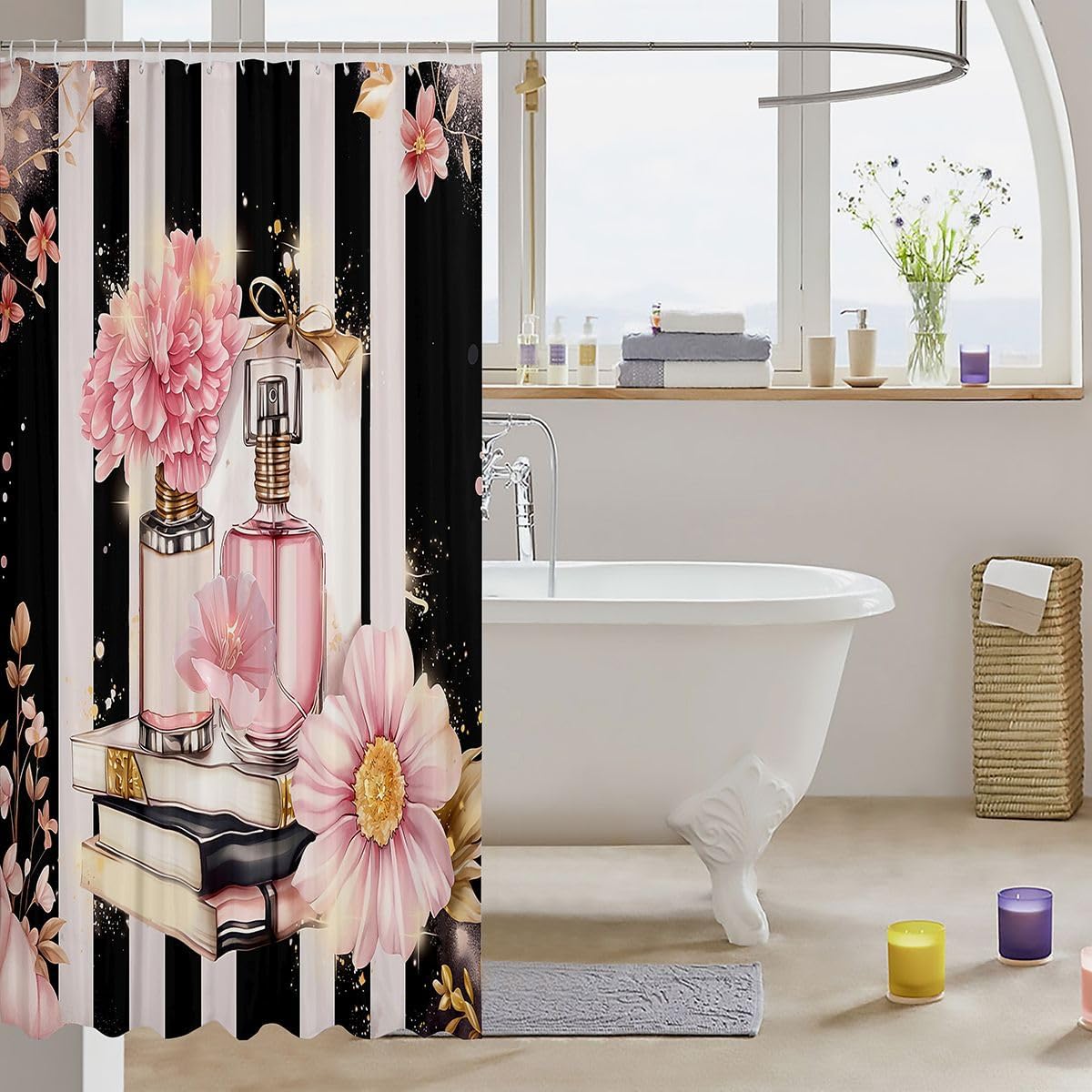 Erosebridal Pink Floral Shower Curtain Modern Fashion Girly Bath Curtain Romantic Makeup Themed Bathroom Decor Black White Stripe Waterproof Curtain Women Perfume Print Curtain,72" W x 84" L