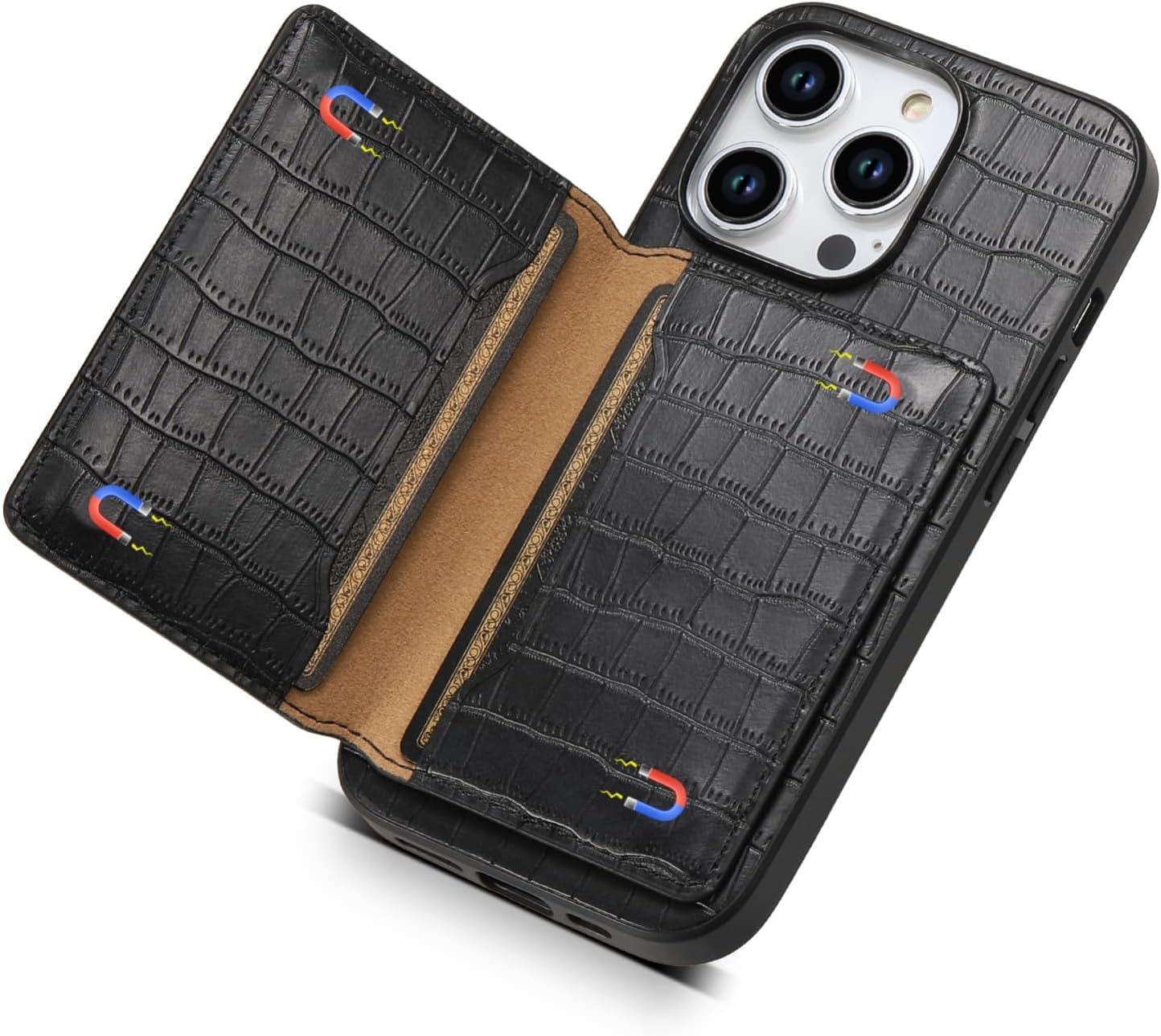 for Samsung S23 Crocodile Pattern Leather Phone Case, Classic Croc-Printed Check Leather Magnetic Folio Flip ID Credit Card Holder Slot Back Cover Bag, Kickstand Support Black