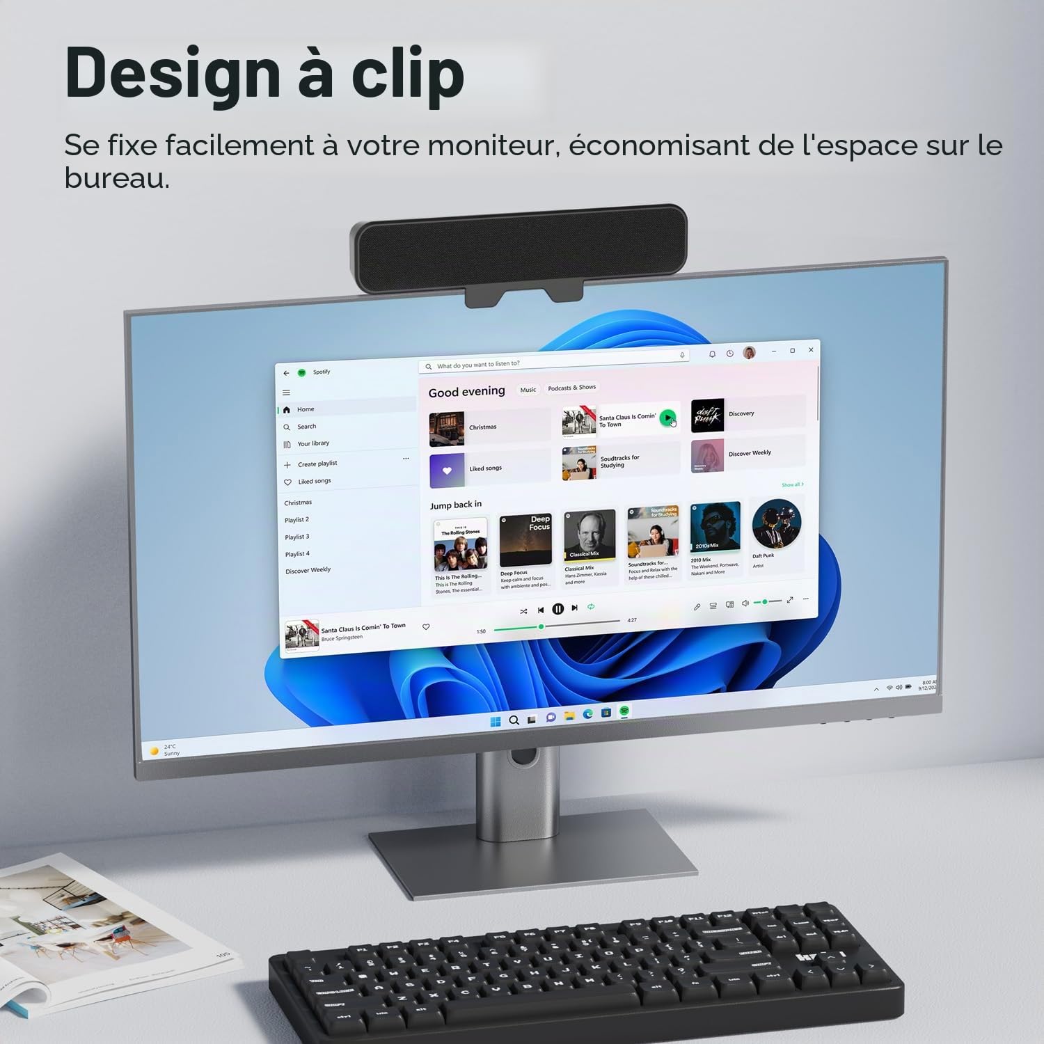 INGA Enceintes PC, Enceintes Bureau USB Plug and Play, Fixation Facile sur écran, Haut-Parleur PC Son stéréo Puissant & Graves, Filaire pour étude/réunion, Compatible Mac & Portable