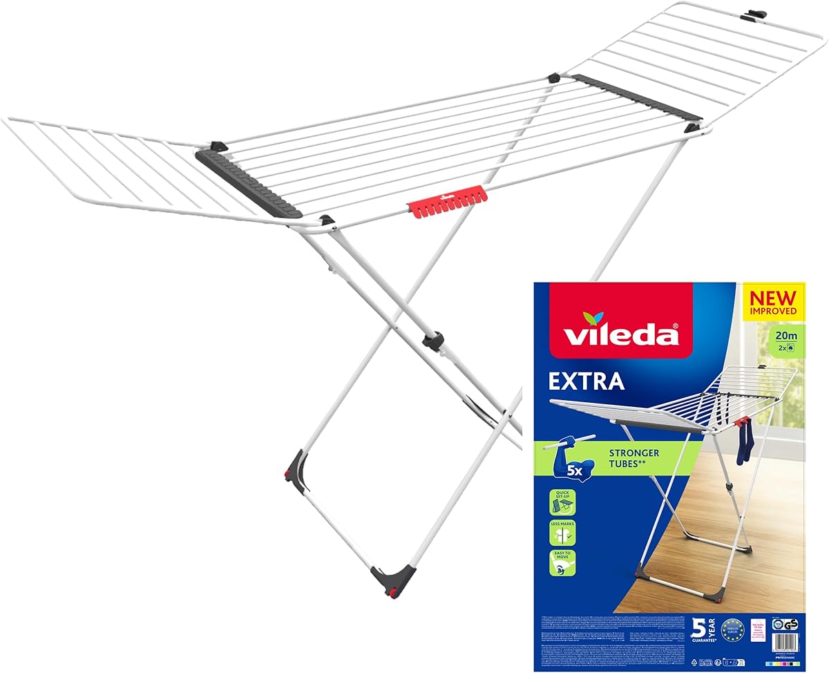 Vileda Extra Clothes Airer with X-Legs | 5 Times Stronger Tubes | XL Lines for Fewer Brands in Clothes | 20M Drying Space | Sock Holder | Easy Transport Thanks to Wheels