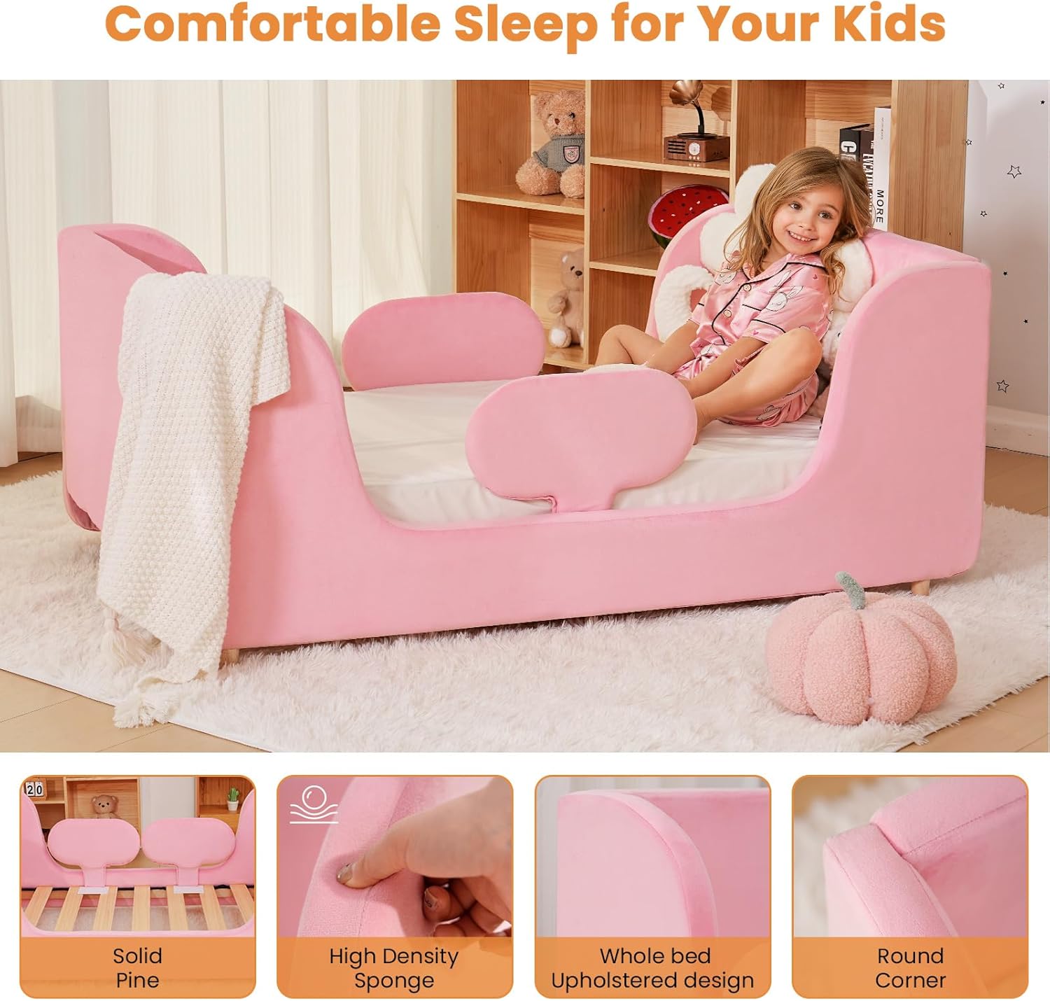 Toddler Bed Frame, Toddler Bed Upholstered, Toddler Floor Bed with Wood Slats and Removable Safety Guardrails, Standard Crib Size Kids Bed for Girl and Boy, Pink