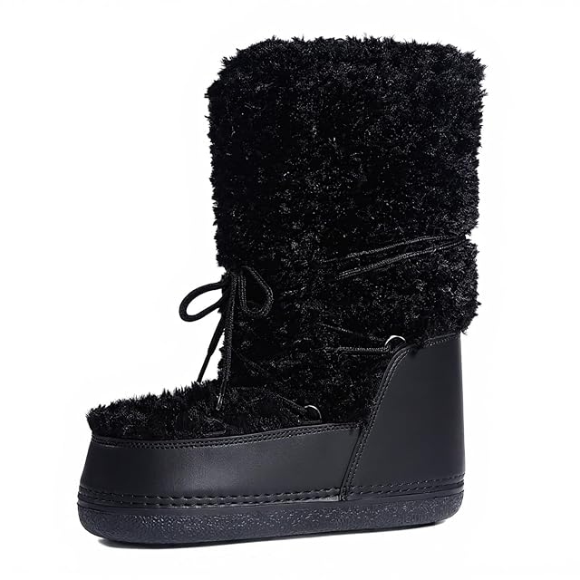 Womens Winter Boots - Mid-Calf Lace-Up Boots with Warm Lining Deep-Tread Slip-Resistant Thick Soles Outdoor Travel Synthetic Fur