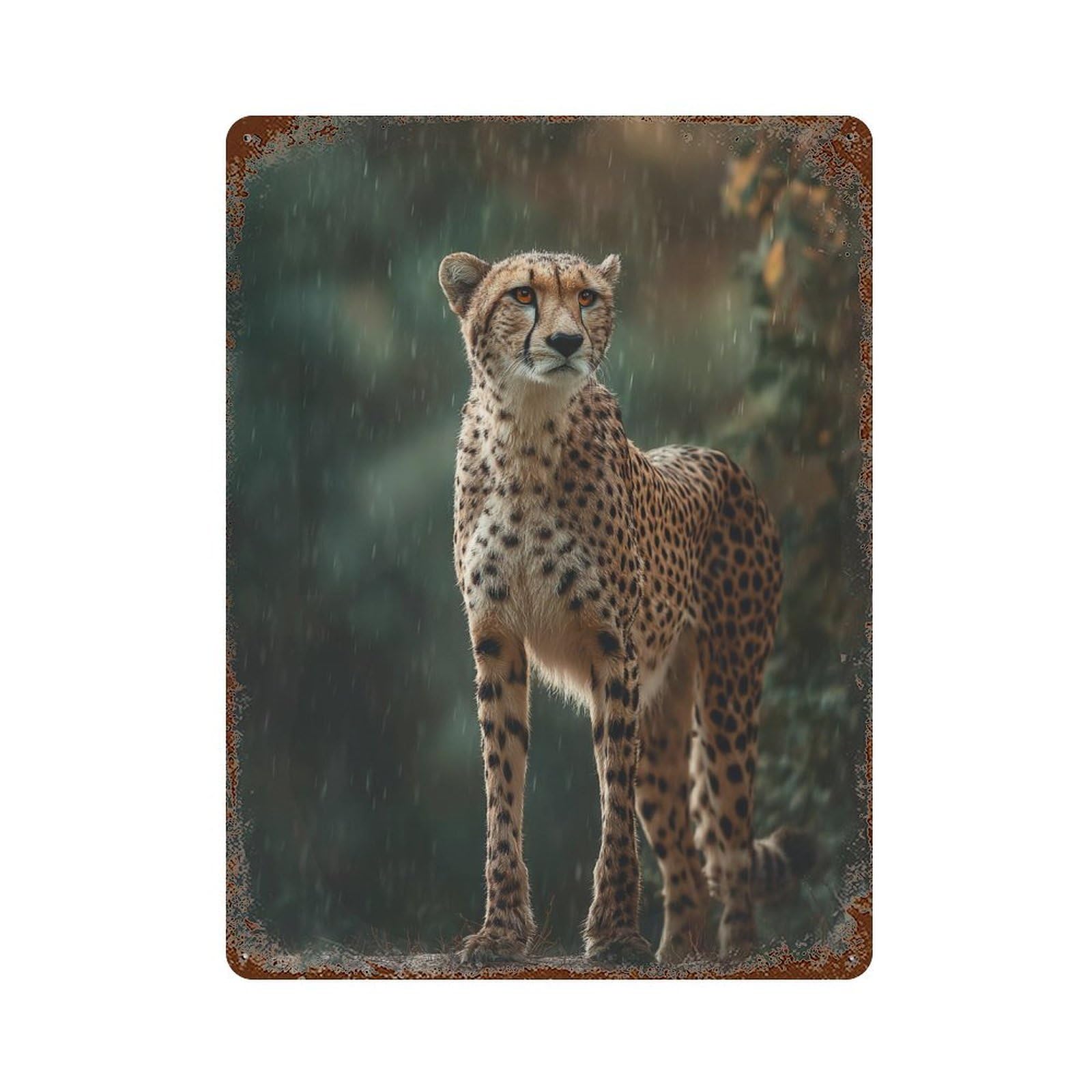 Cheetah in Rainy Forest-2 Rust Effect Tin Sign 15.7"x11.8", Retro Wall Decor for Pub, Kitchen And Man Cave Decor