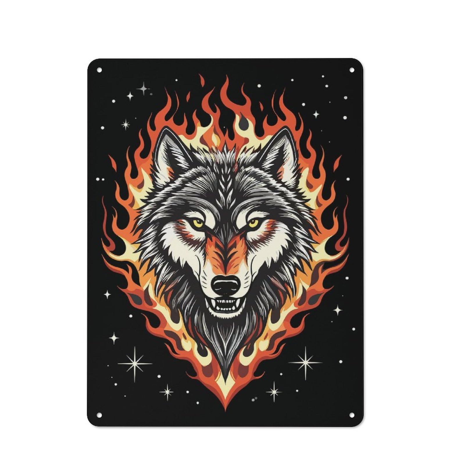 Urban Decorative Metal Plaque 40x30cm Featuring Fiery Wolf Head, Loft Wall Plaque for Loft, Studio, Office Or Creative Room