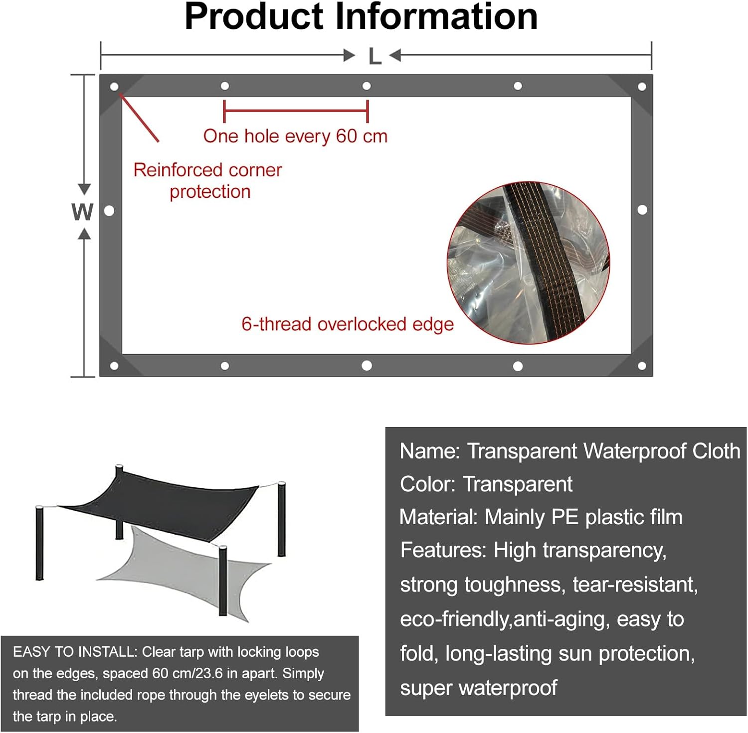 Outdoor Clear Tarp Curtain, Waterproof Wind-Proof All-Round Protection Transparent Vinyl Tarp to Cover the Rain Heavy Duty Tear Resistant Cover for Pergola, Porch, Gazebos(2x2m/6.6x6.6ft)