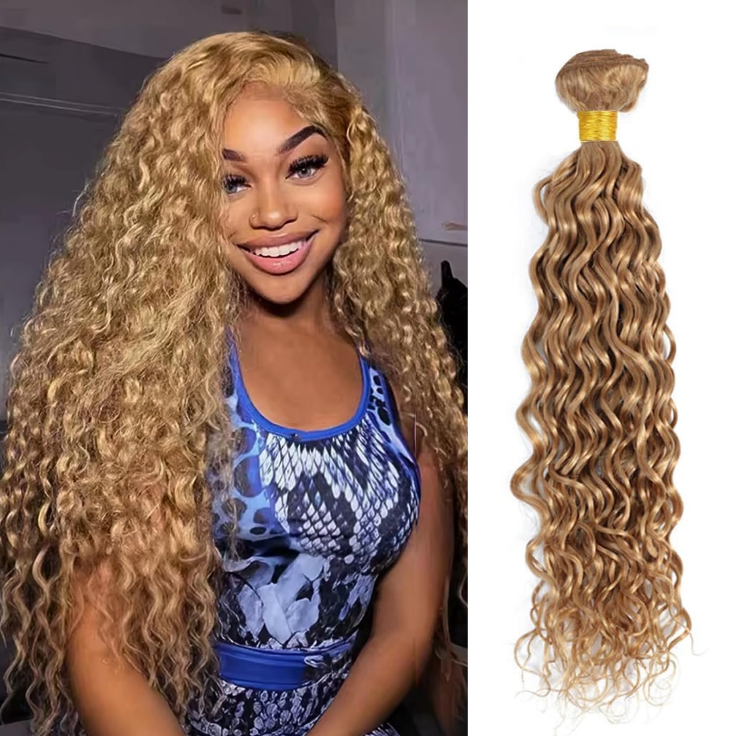 BQRIH Color #27 Honey Blonde Water Wave Single Bundles Human Hair 12 Inch, 12A Virgin Brazilian Curly Weaves Soft Bouncy Wet n Wavy Colored Human Hair 1 Bundles Extensions For Women Double Weft Sew In