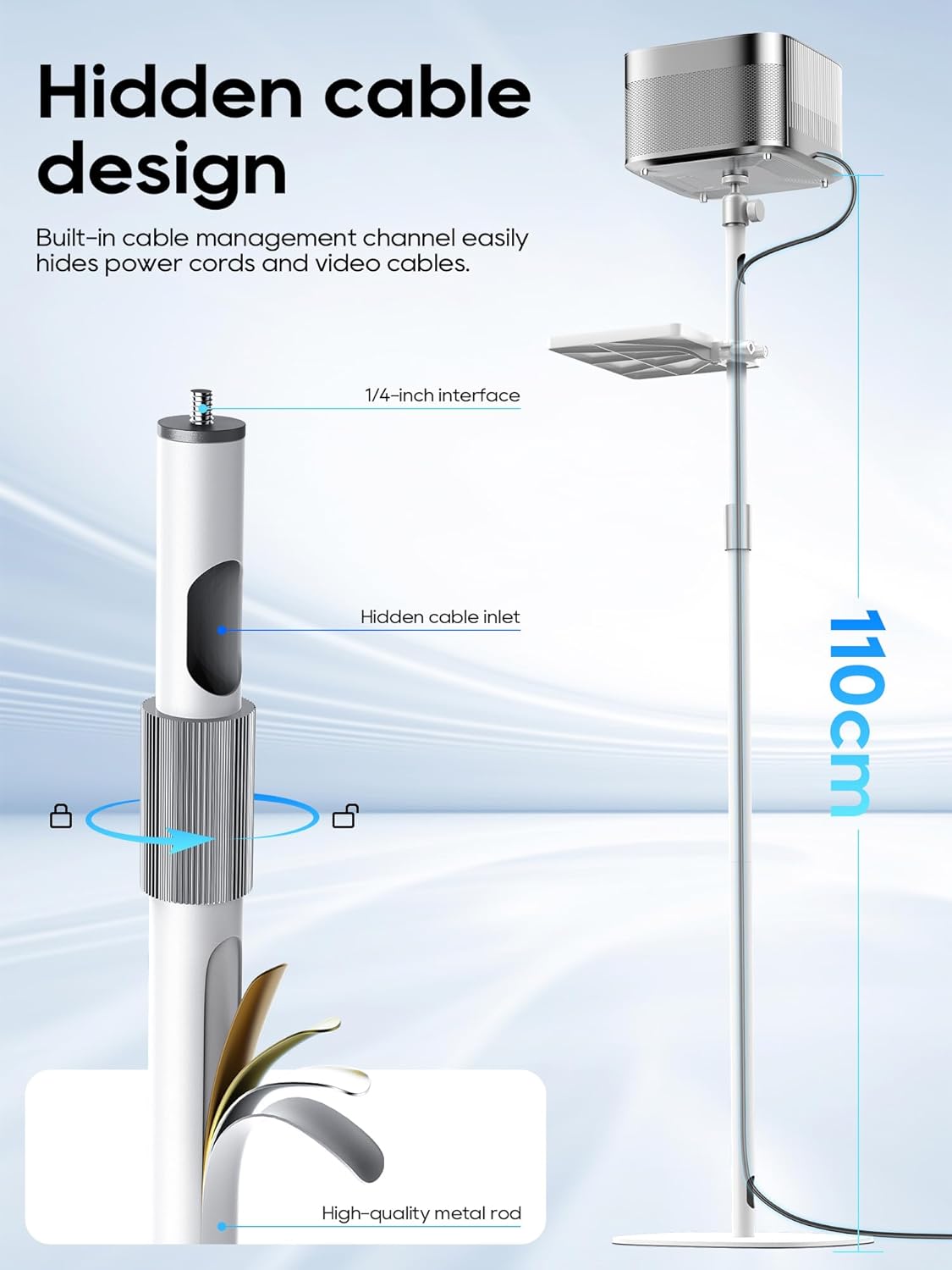 Projector Stand with Hidden Cable Management, Height Adjustable Floor Mount with 360° Rotation & 1/4" Screw, Compatible with Projector, Camera, Webcam for Home, Office & Outdoor Use (White)