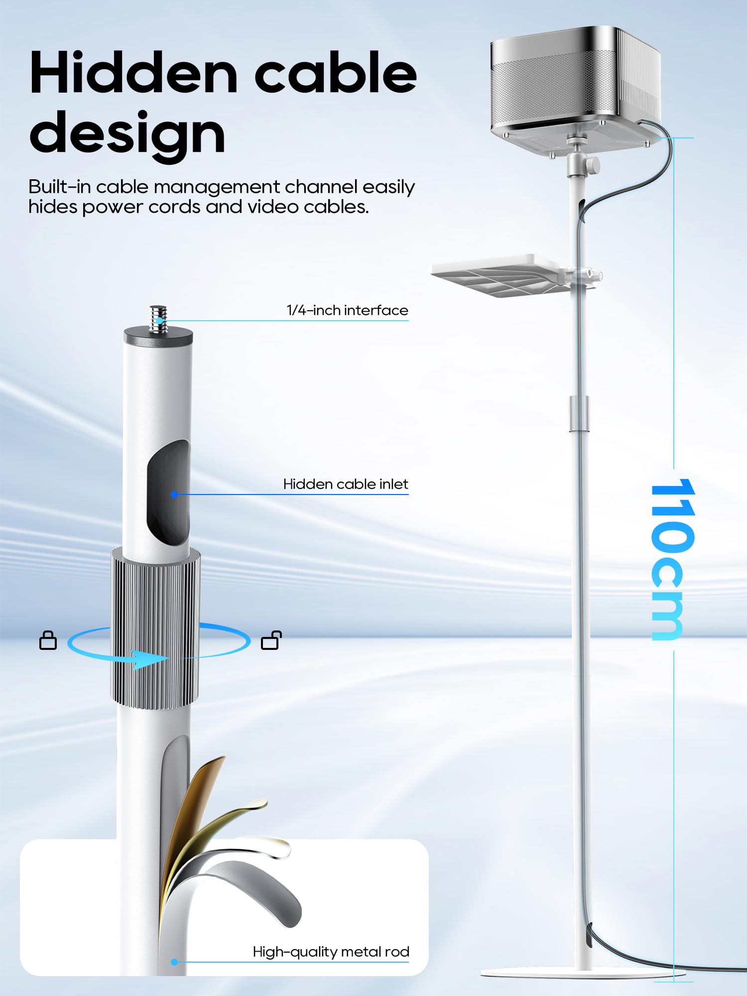 Support de projecteur au sol, hauteur réglable de 40 à 120 cm, tête pivotante à 360°, support métallique avec vis 1/4", compatible avec projecteurs, appareils photo (Blanc)