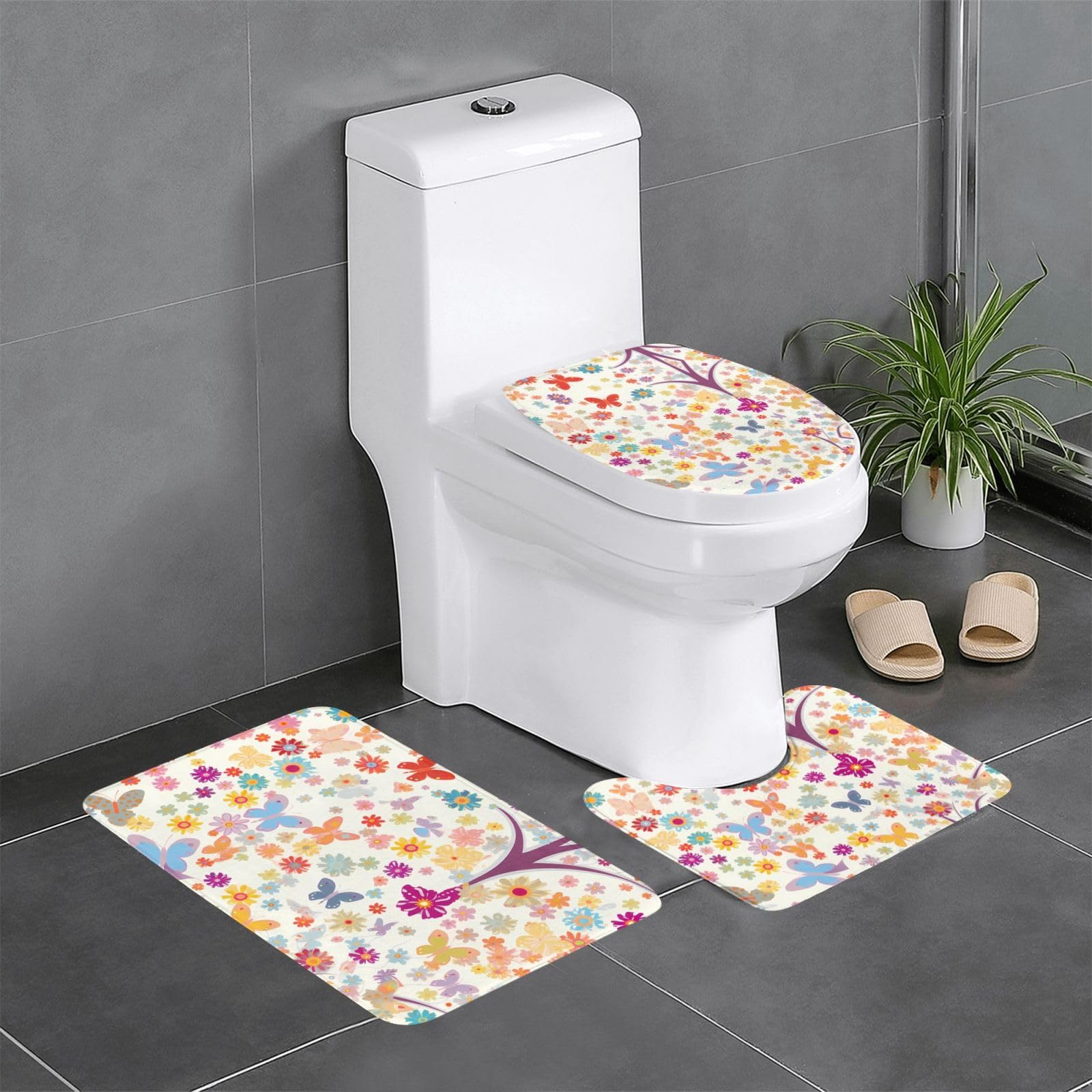Tapis de salle de bain 3 pièces fleuri et antidérapant avec contour WC et tapis ovale