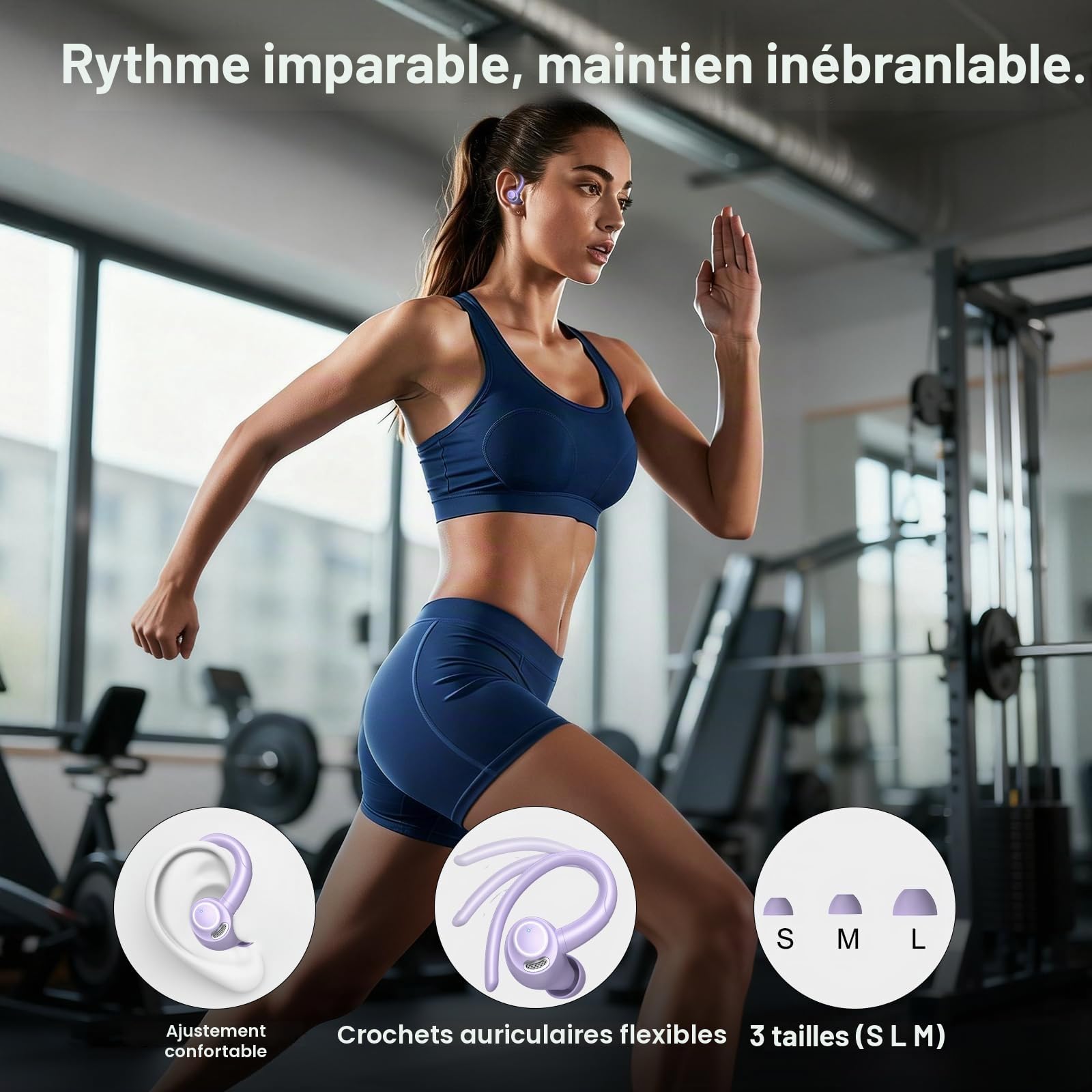 Ecouteurs Bluetooth sans Fil Sport, 2026 Bluetooth 5.4 Headphones avec HiFi Stéréo et ENC Mic,48H Écouteur Sans Fil avec Écran LED, IPX7 Oreillette Bluetooth pour Sports/Voyages,Android iOS,Violet Pur