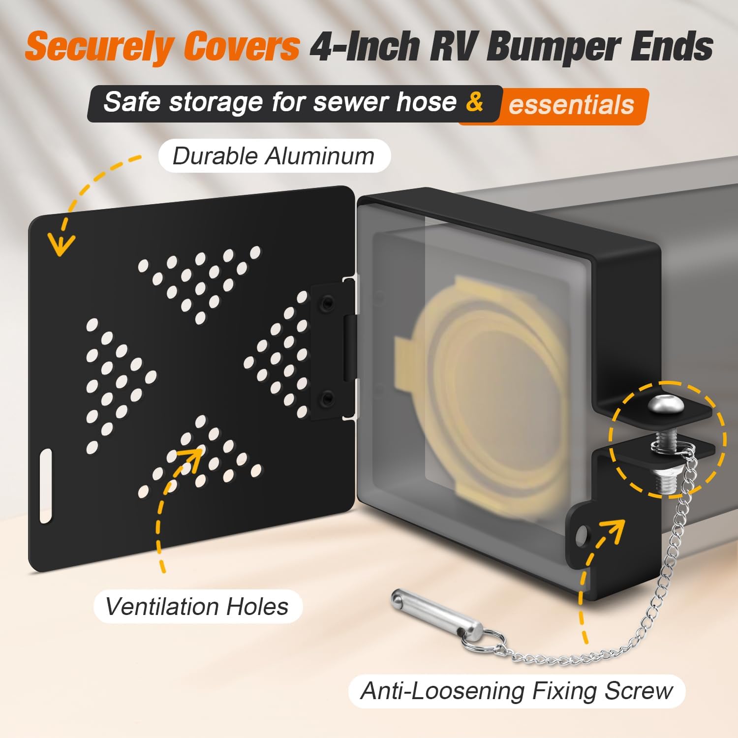 YEZriler Aluminum RV Bumper End Cap, Locking Pin 4 Inch Square Bumper Caps for RV, No-Insect Vent Holes, Secure Sewer Hose Storage Camper Bumper End Cap, Trailer Motorhome Outdoor Accessories - 2 Pack