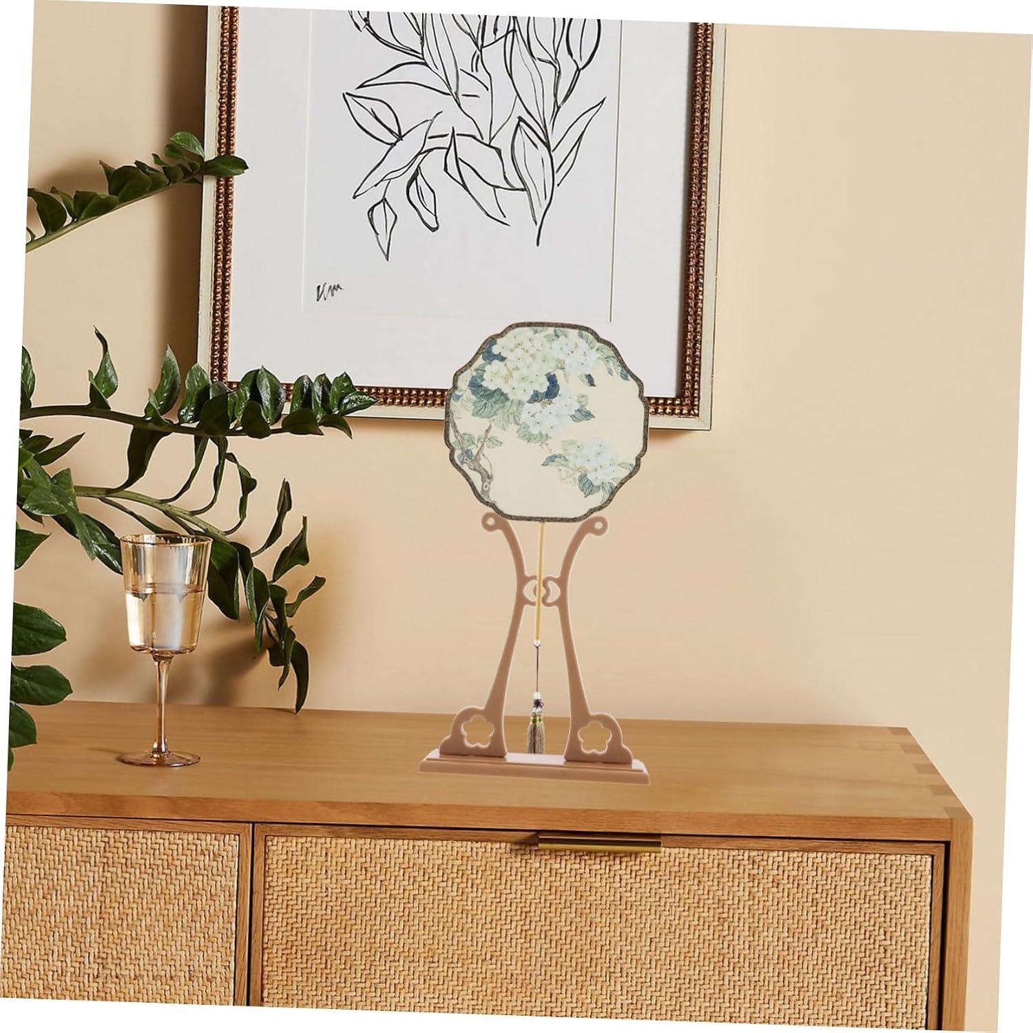 Chinese Decorative Fan Stand Resin Round Hand Fan Holder Asian Wall Decor Removable Base