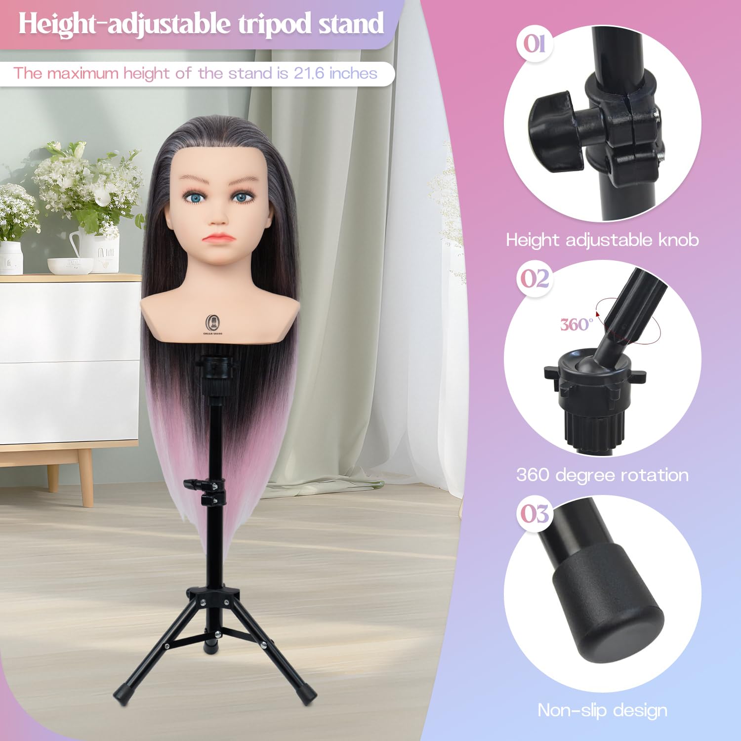 Mannequin Head 20-21" Synthetic Fiber Hair with Clip-on Stand Set,Practice Head Doll Head for Hair Styling Kids Hairdresser Training Doll Head (Red)