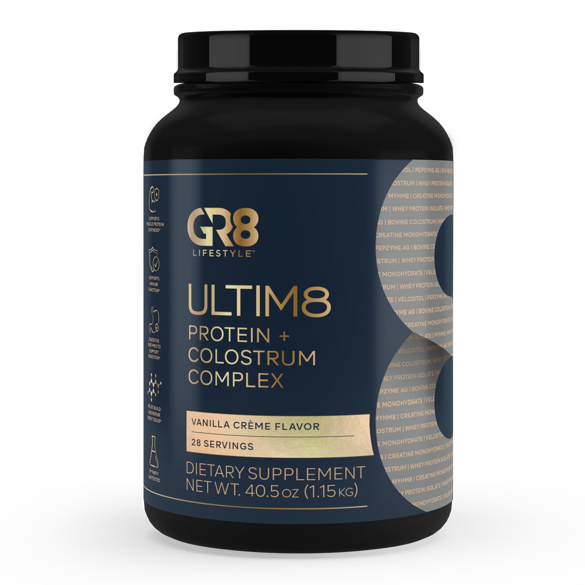 ULTIM8 Protein + Colostrum Complex | 25g Protein with Colostrum & MyHMB for Muscle Growth & Recovery | Whey Isolate, Casein & Concentrate Blend | Creatine-Enhanced Strength Formula (Vanilla Creme)