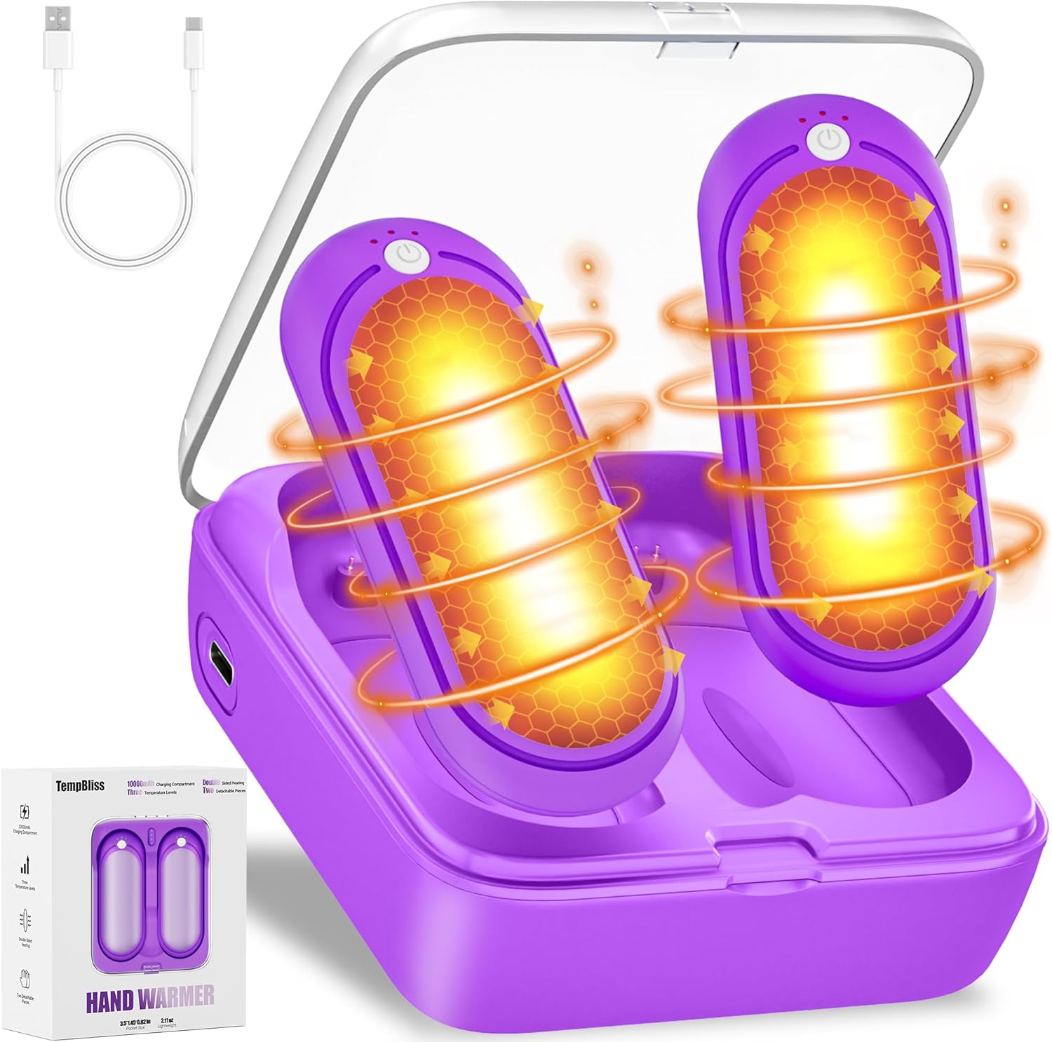 Hand Warmers Rechargeable 2 Pack, Rechargeable Hand Warmer with 10000mah Charging Case, Portable Temperature Control Pocket Heater, Electric Hand Warmer for Outdoor, Hunting, Golf, Camping