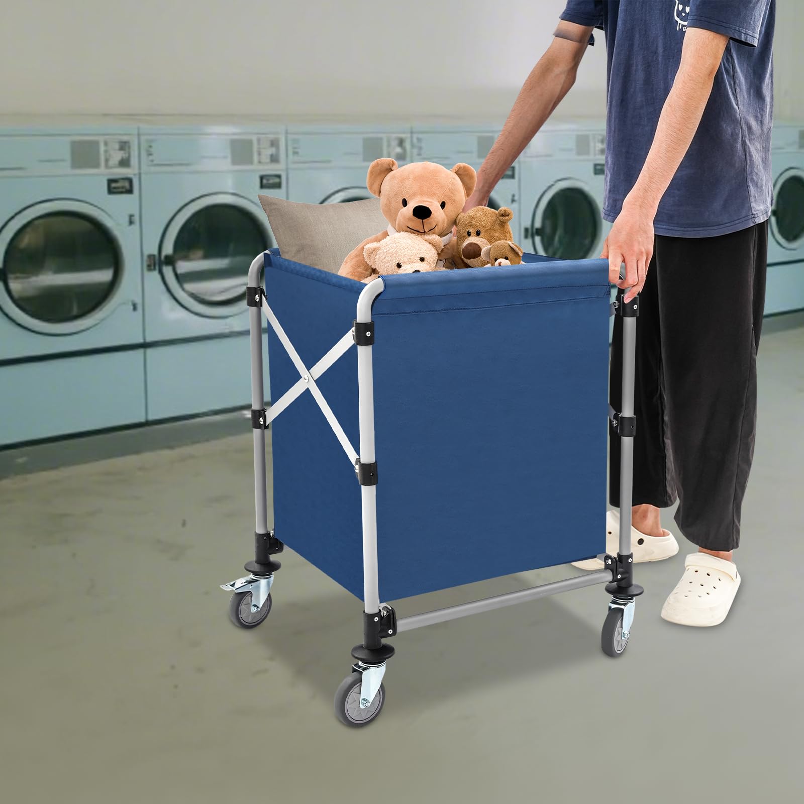 Carrito de lavandería de acero inoxidable, para el hogar, hotel, lavandería, comercial, grande, plegable, con ruedas, estable, resistente al agua, para el hogar, hotel, lavandería, comercio, amarillo