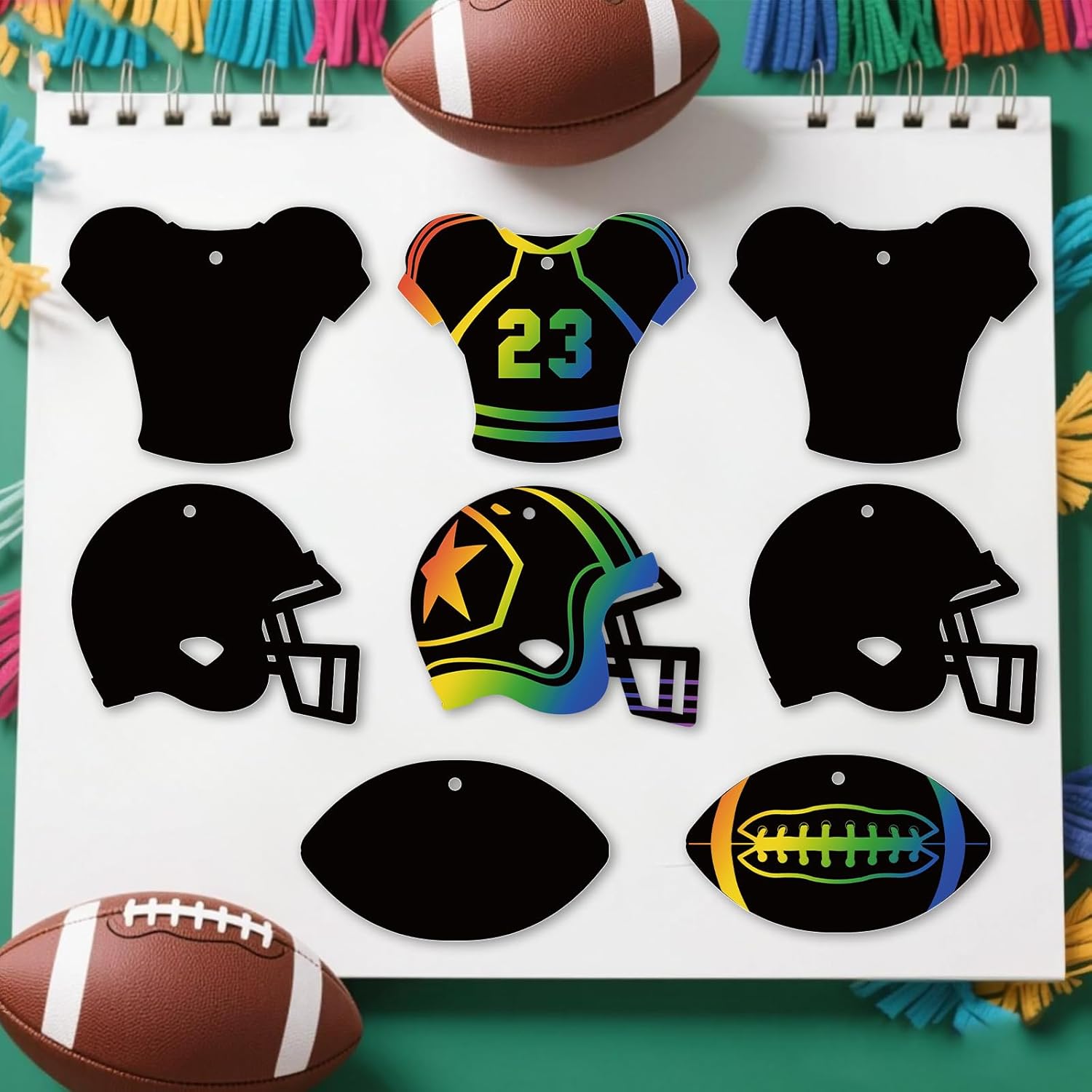 Penitue 36pcs Football Scratch Paper Craft, Black Rugby Art Paper Supplies Football Helmet Magic Scratch Card with Colorful Ribbons for Rugby Enthusiast Painting Party Favors Supplies - Image 7